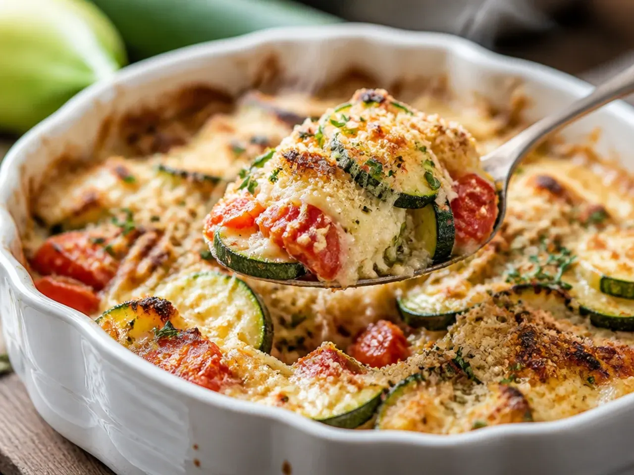 Layered zucchini and tomato casserole topped with melted mozzarella and fresh basil