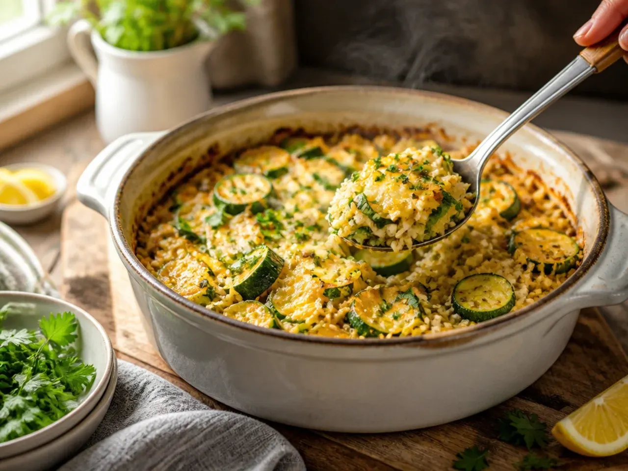 Bowl of cozy zucchini and rice casserole with melted cheese and peas
