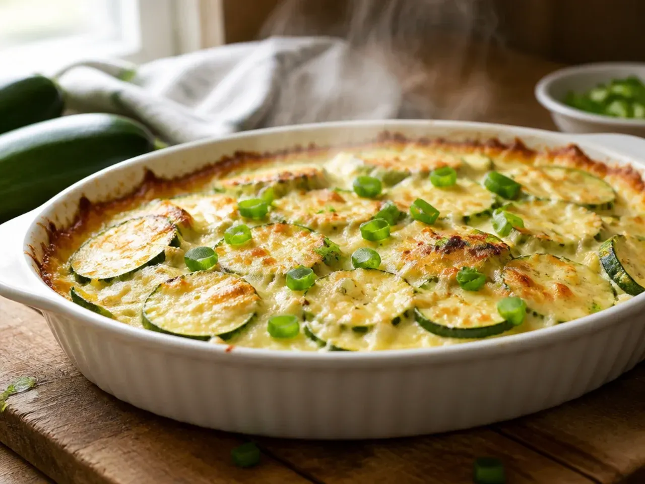 Creamy zucchini Alfredo casserole with a golden Parmesan crust