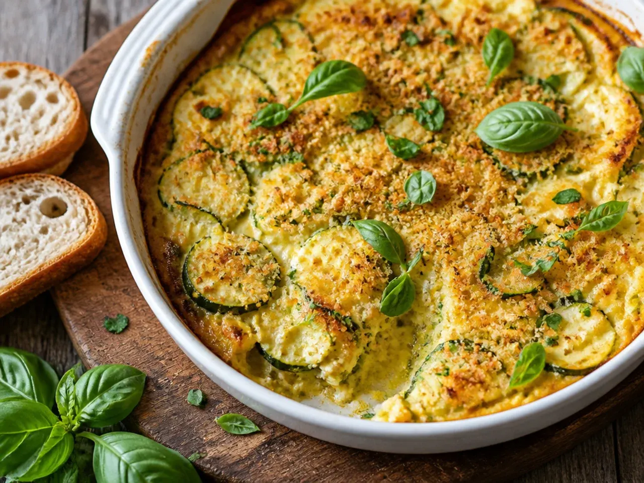 Slice of egg-based zucchini casserole showing a light, custardy texture