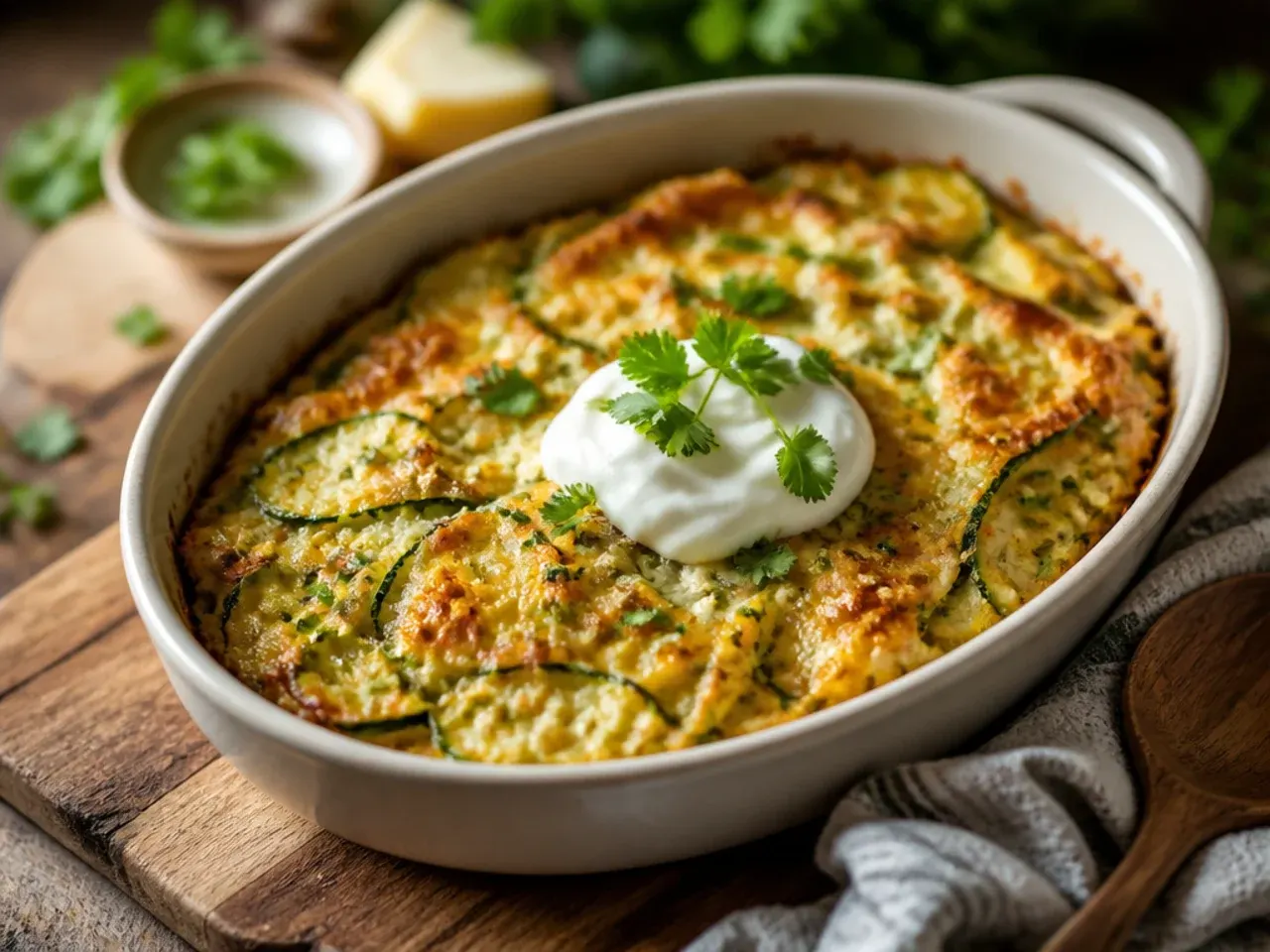 Zesty lemon-Parmesan zucchini casserole garnished with lemon zest and thyme