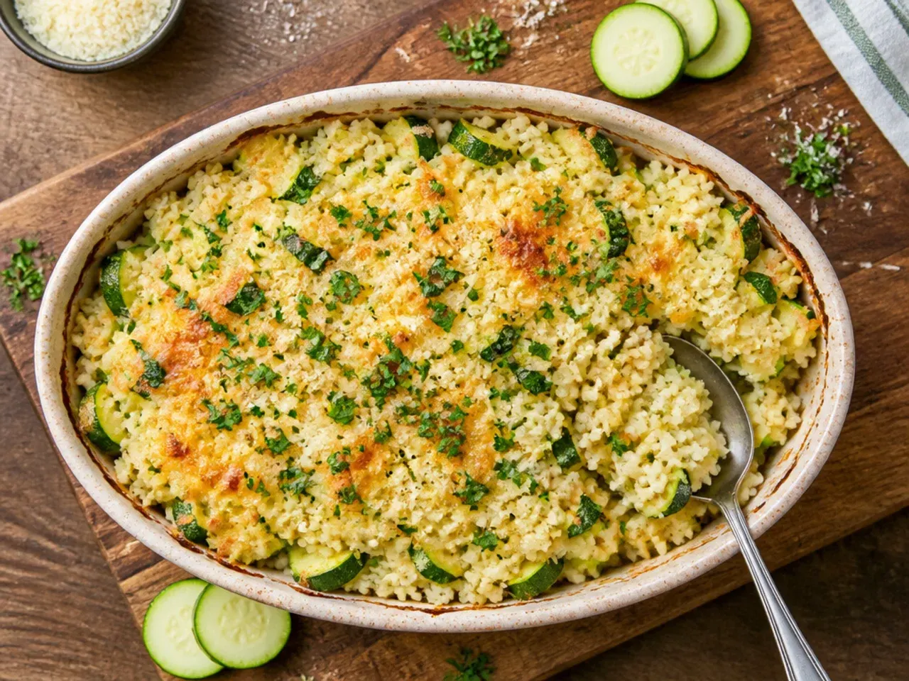 Budget-friendly zucchini and rice casserole in a large family-size dish