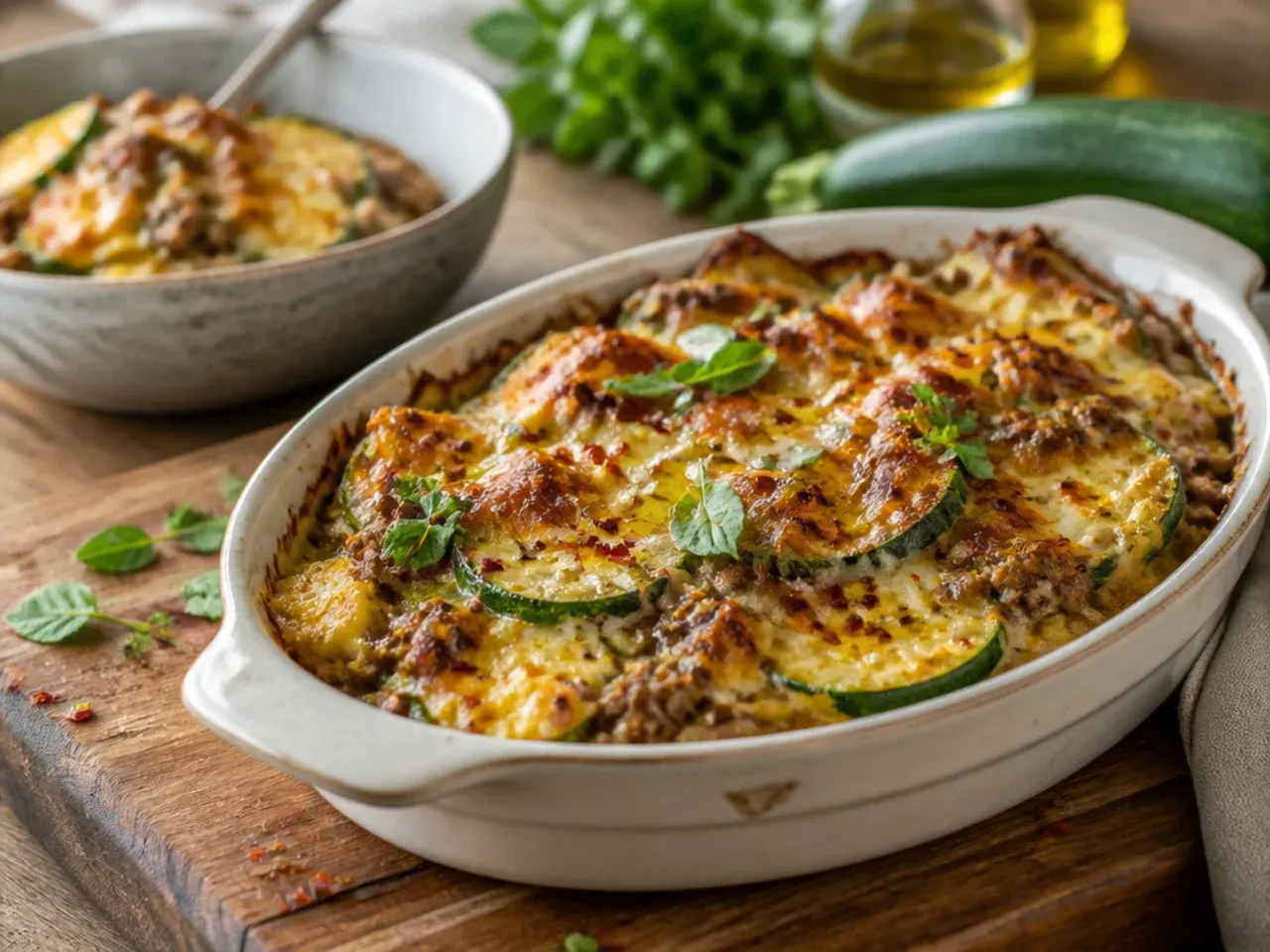 Weeknight zucchini and ground beef casserole served straight from the baking dish