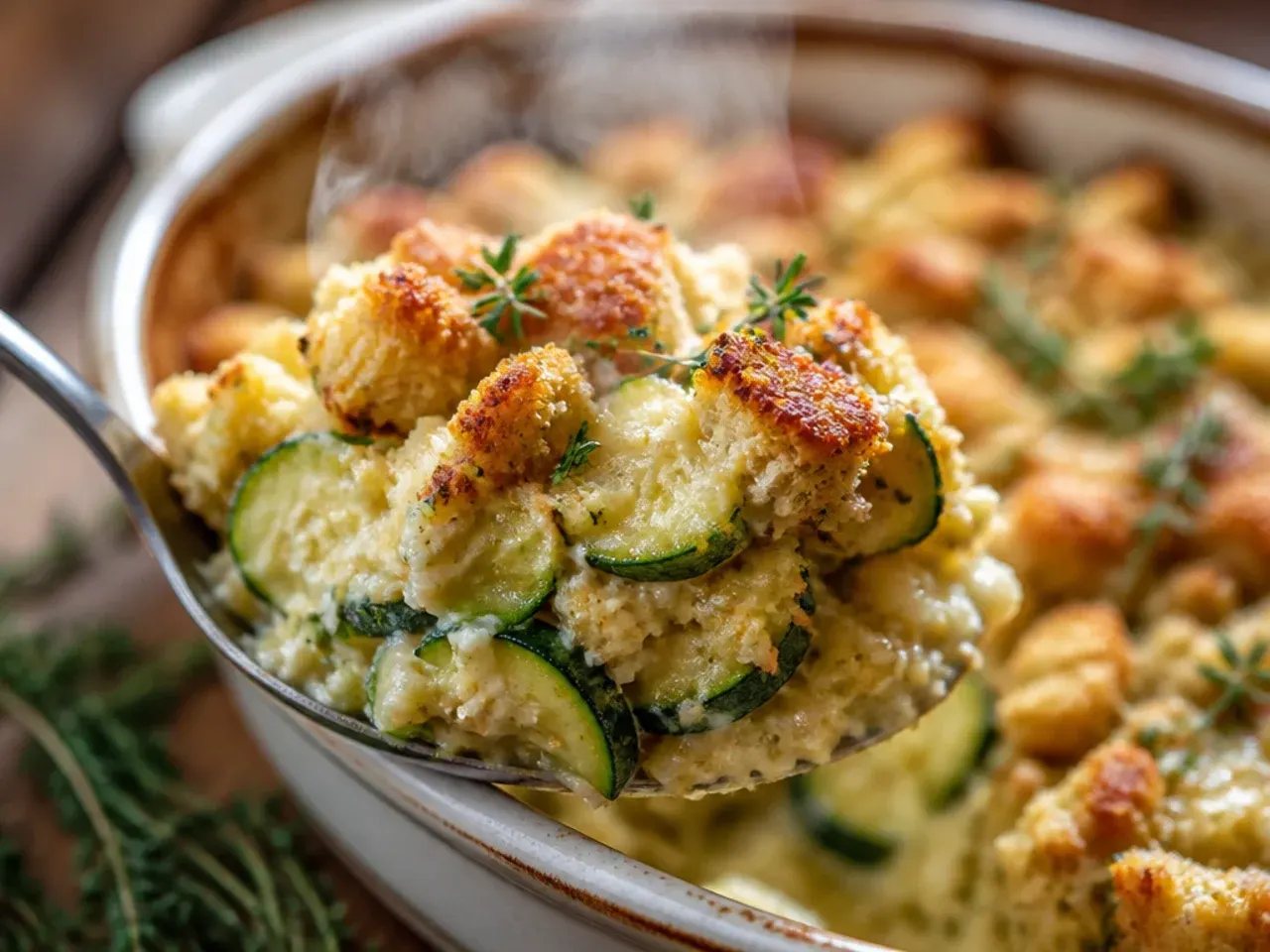 Rustic zucchini and stuffing casserole with a crunchy golden topping