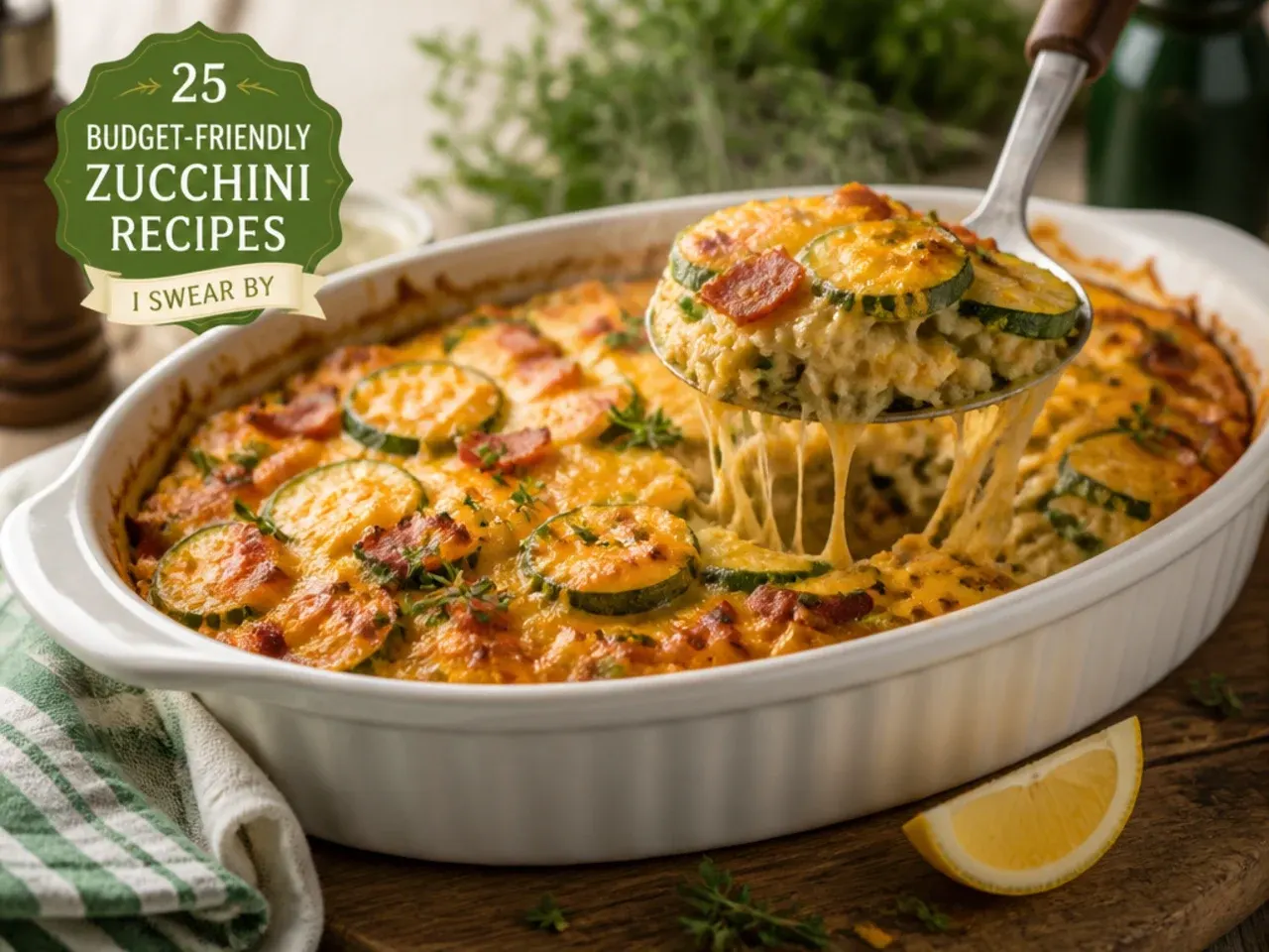 Loaded zucchini, bacon and cheddar casserole topped with sour cream and chives
