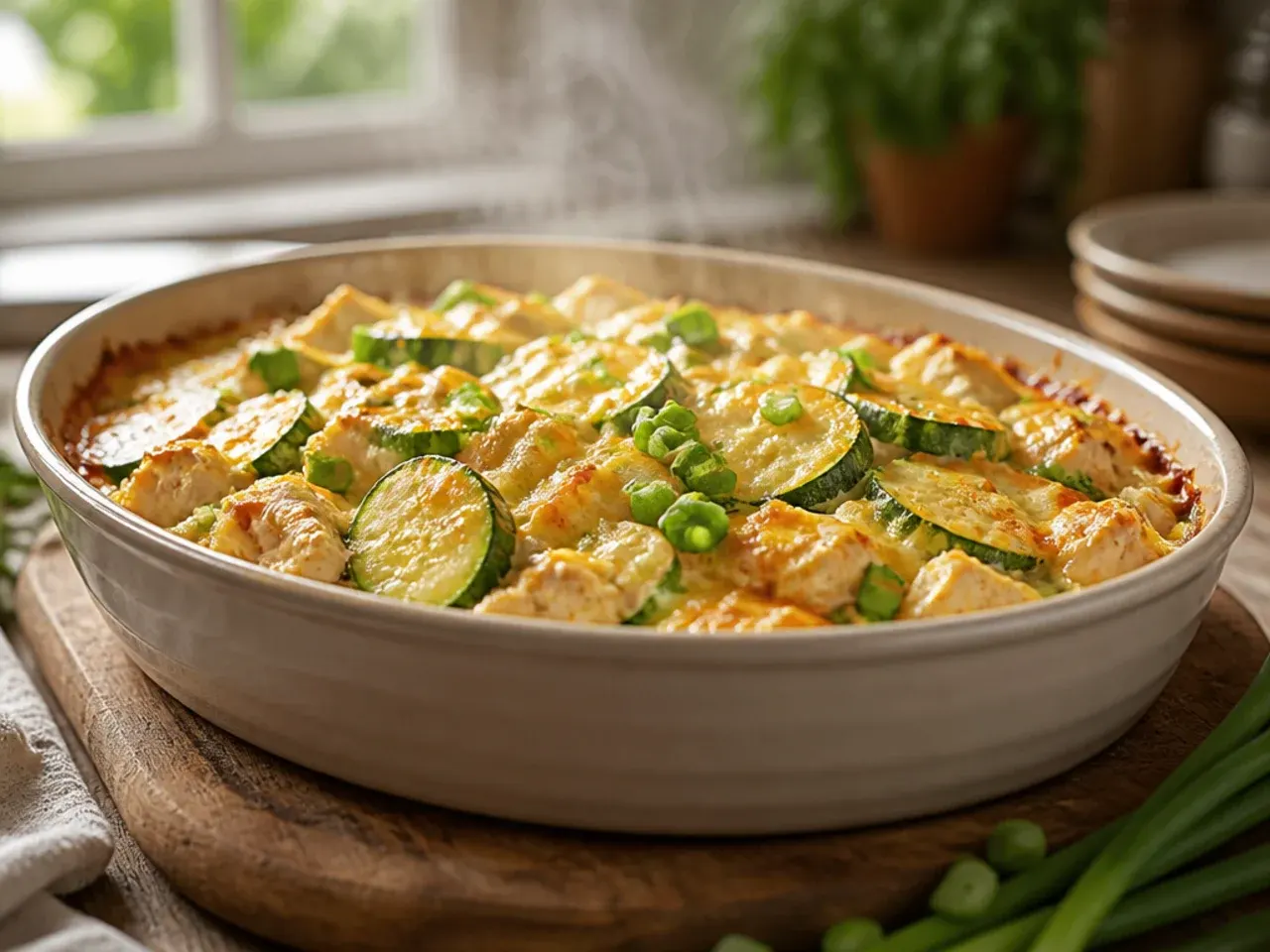 Family-size zucchini and shredded chicken casserole in a large baking pan