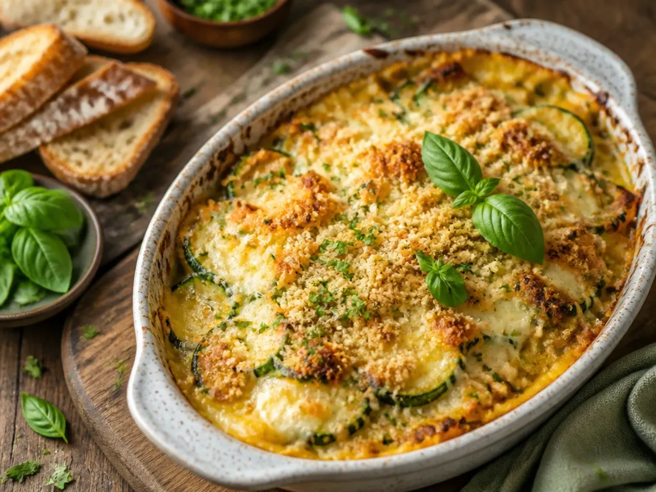 Best-ever double cheese zucchini casserole with a cheese pull on a serving spoon