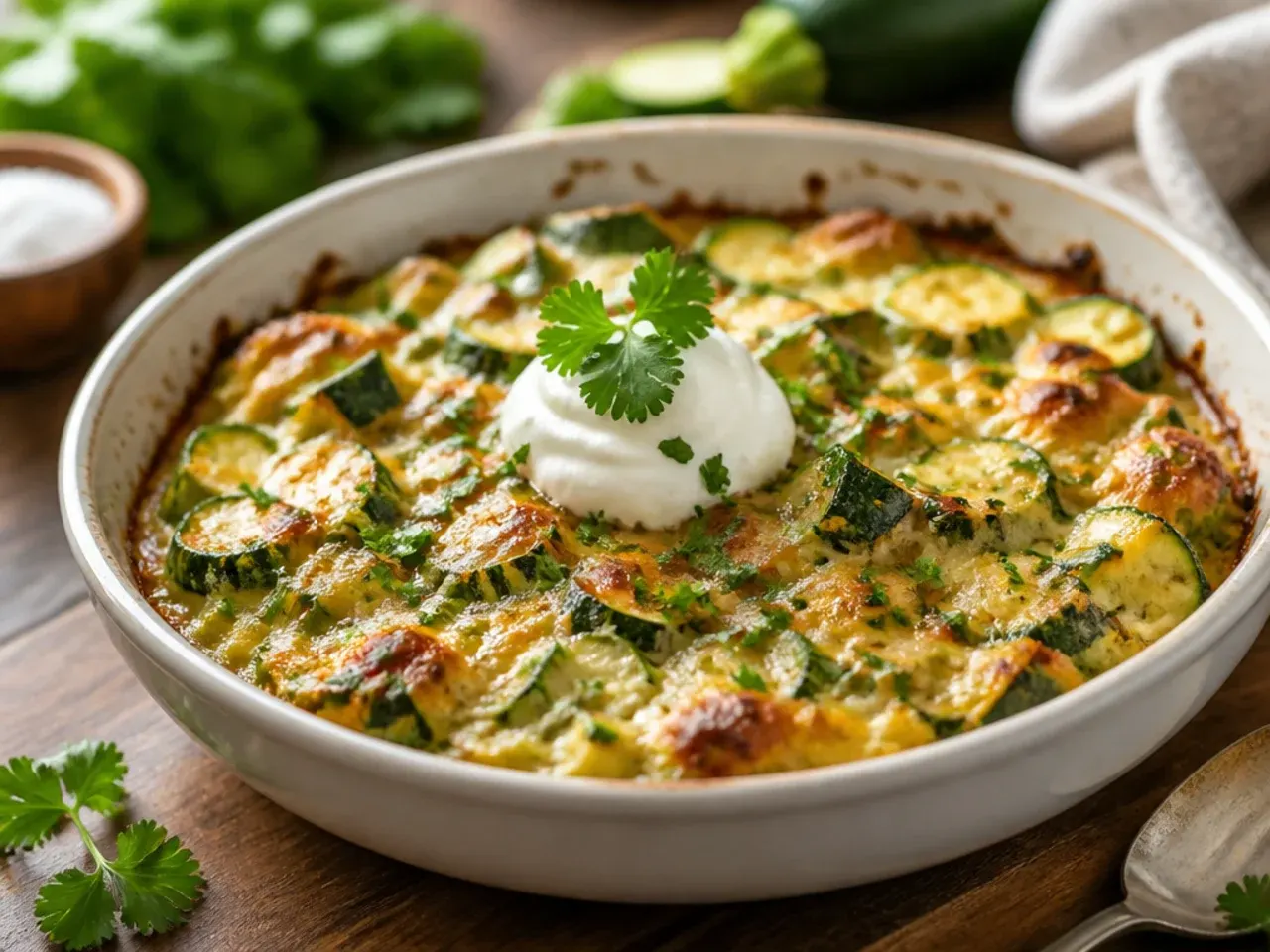Quick skillet zucchini casserole bubbling under the grill in a cast iron pan