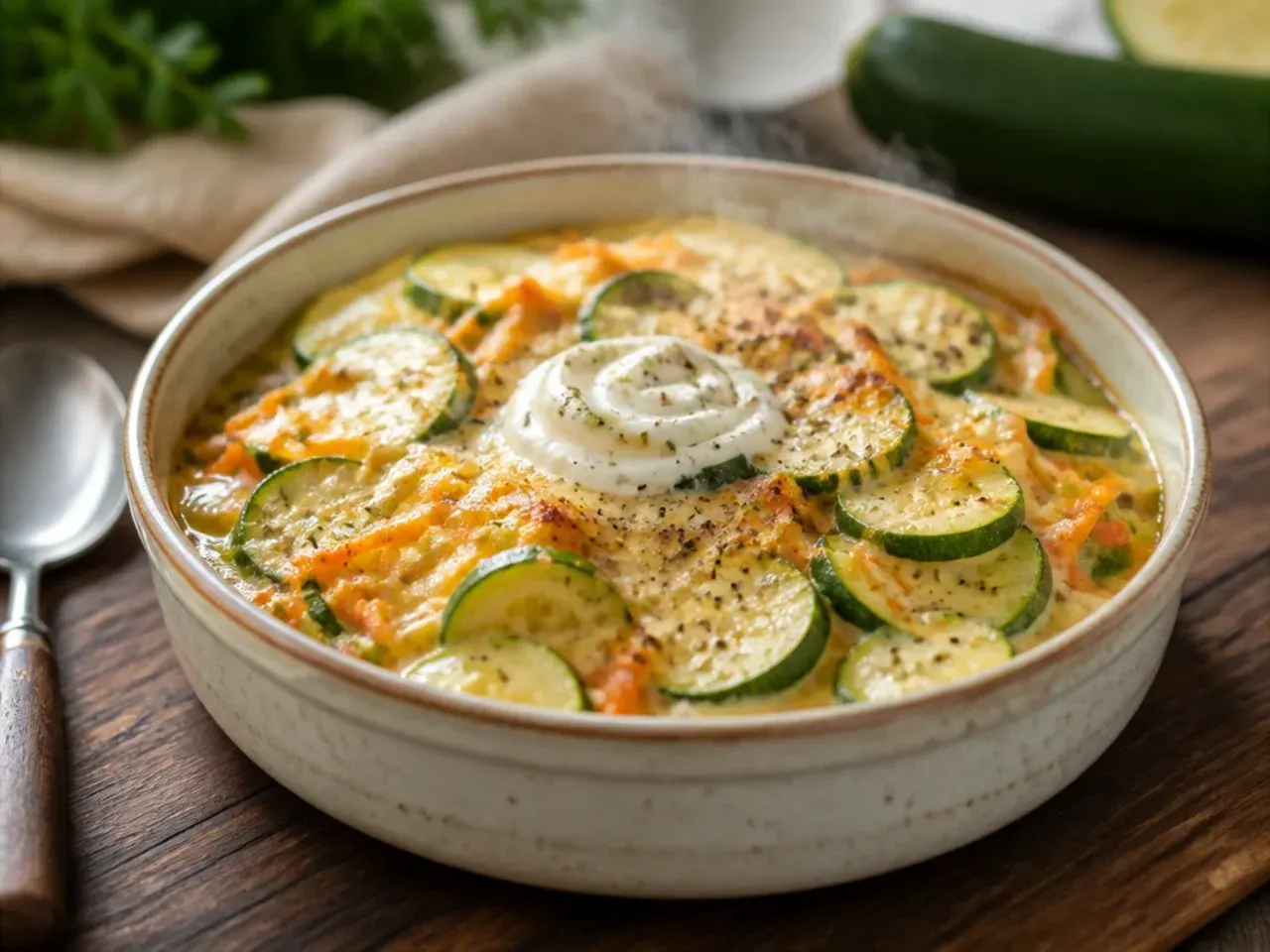 Classic zucchini and carrot casserole showing flecks of orange throughout