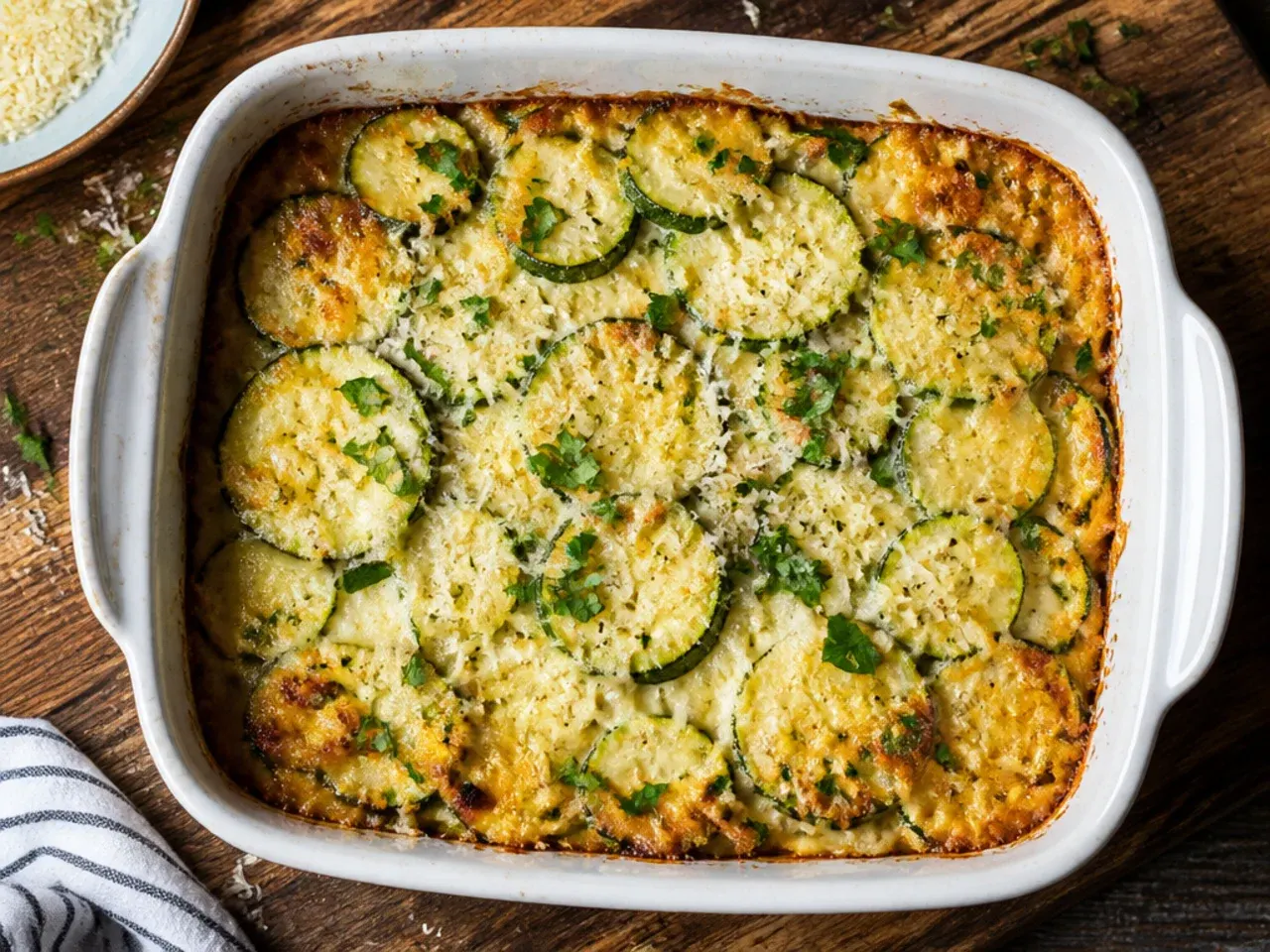 No-precook zucchini casserole with thinly sliced rounds under melted cheese