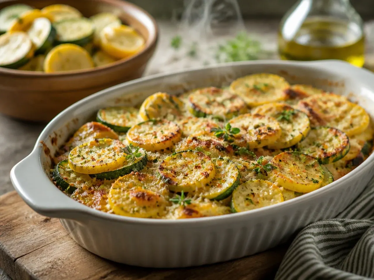 Fresh zucchini and yellow squash casserole with green and yellow slices visible