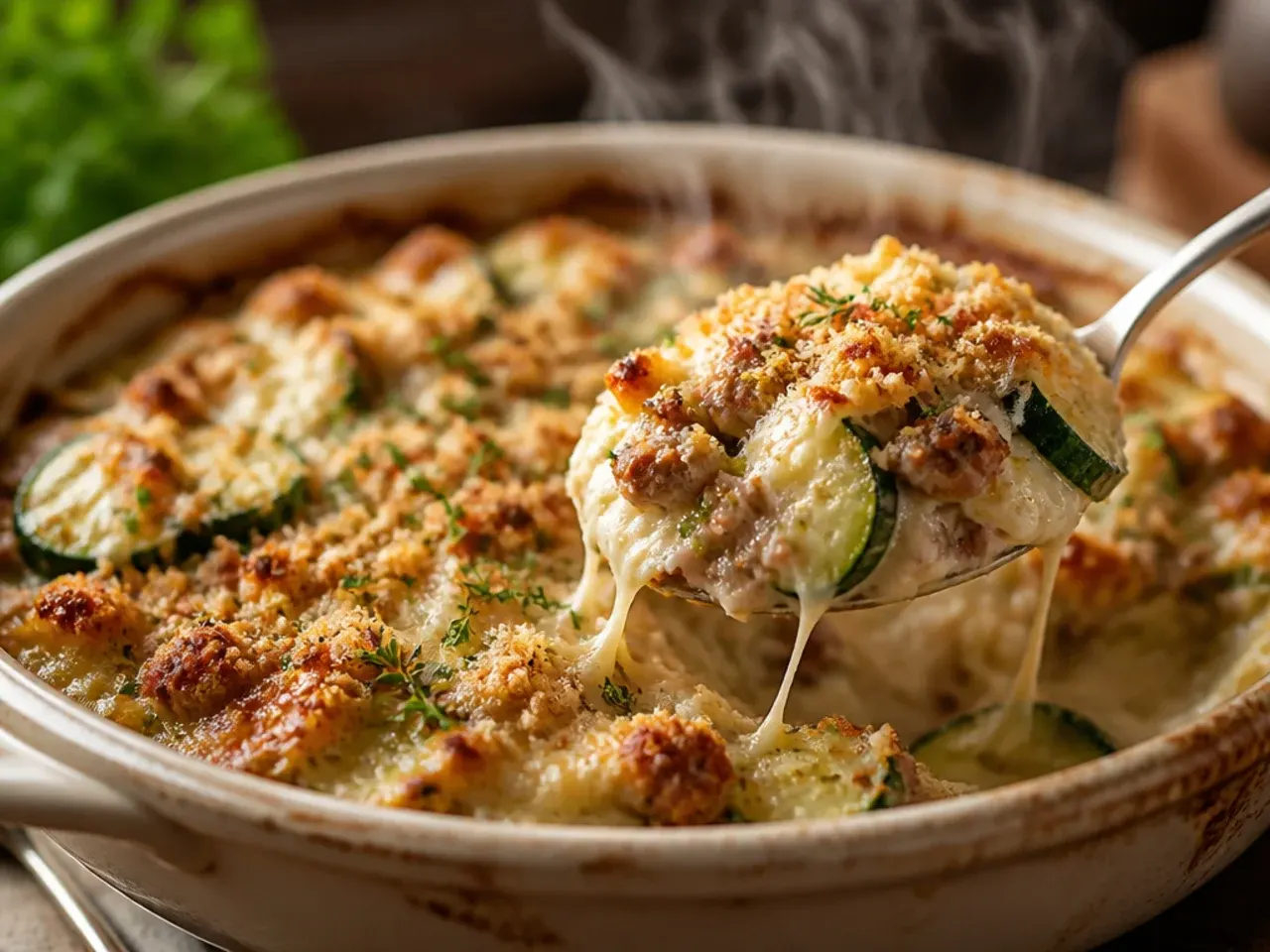 Cozy zucchini and Italian sausage casserole served with crusty bread