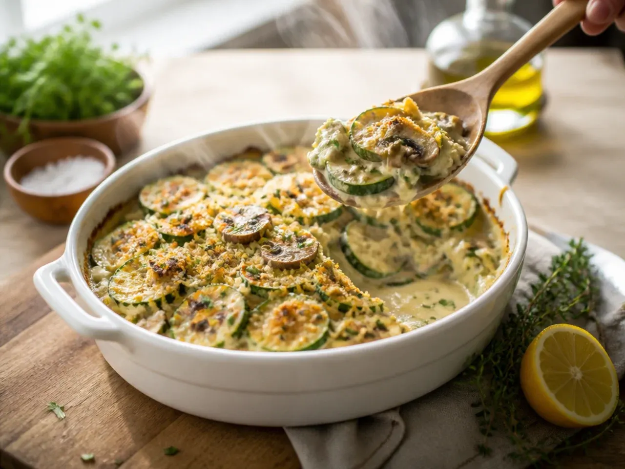 Creamy zucchini and mushroom casserole with a golden, savoury topping