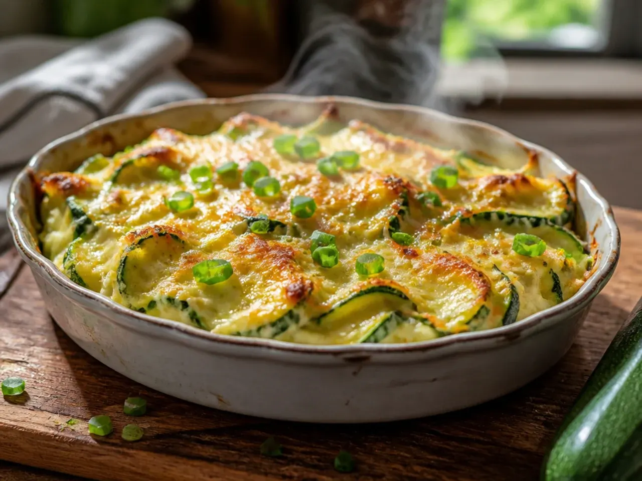 Simple three-ingredient zucchini casserole with a golden cheese top