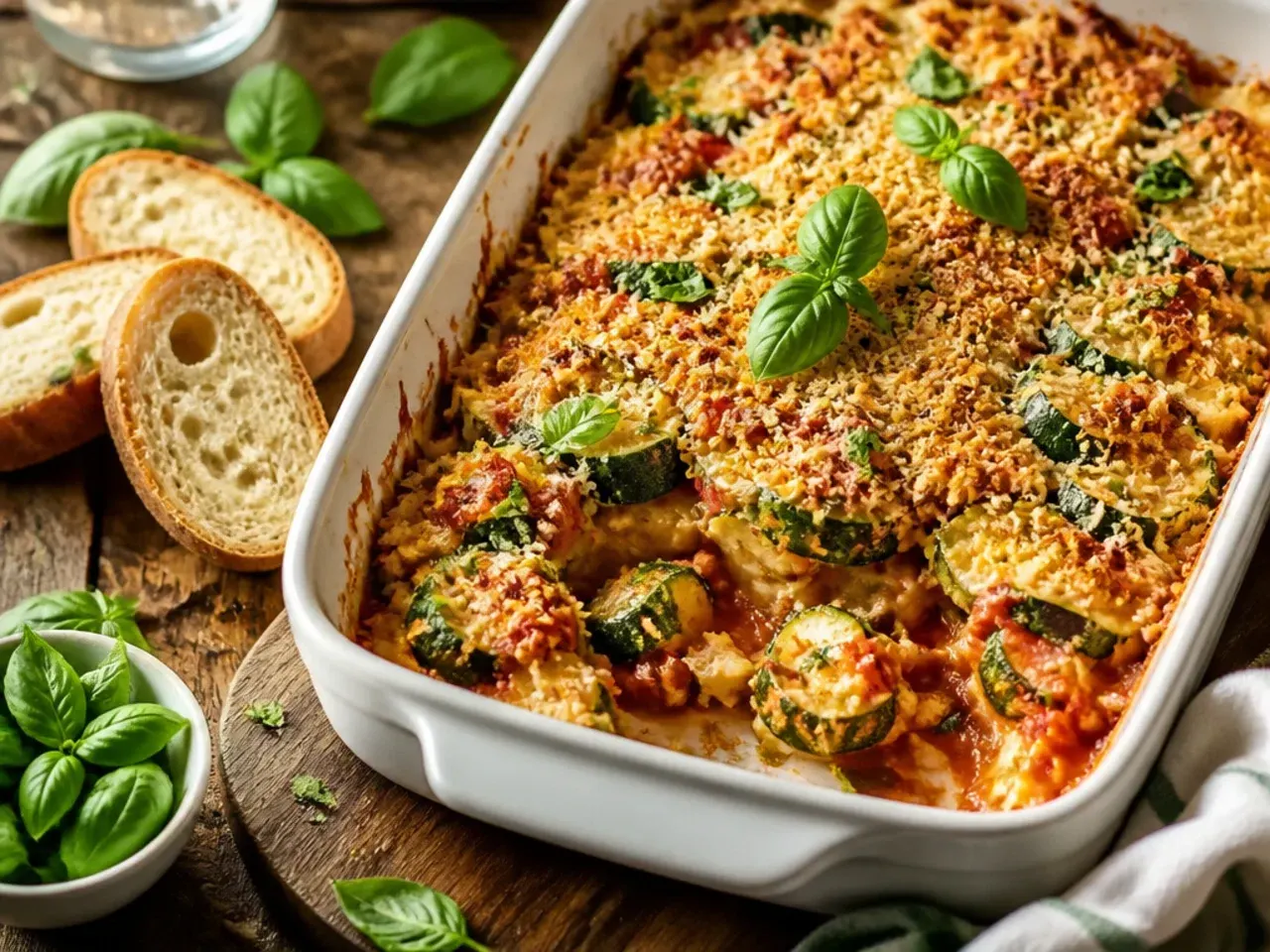 Zesty Mexican-style zucchini casserole topped with tortilla chips, lime and coriander