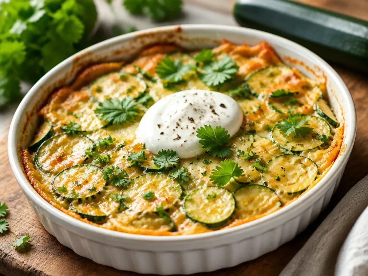 Low-carb zucchini casserole without a breadcrumb topping, golden and firm