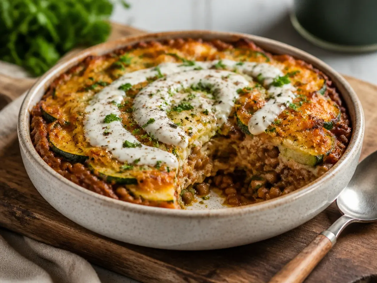 Budget zucchini and lentil casserole in a rustic tomato sauce with melted cheese