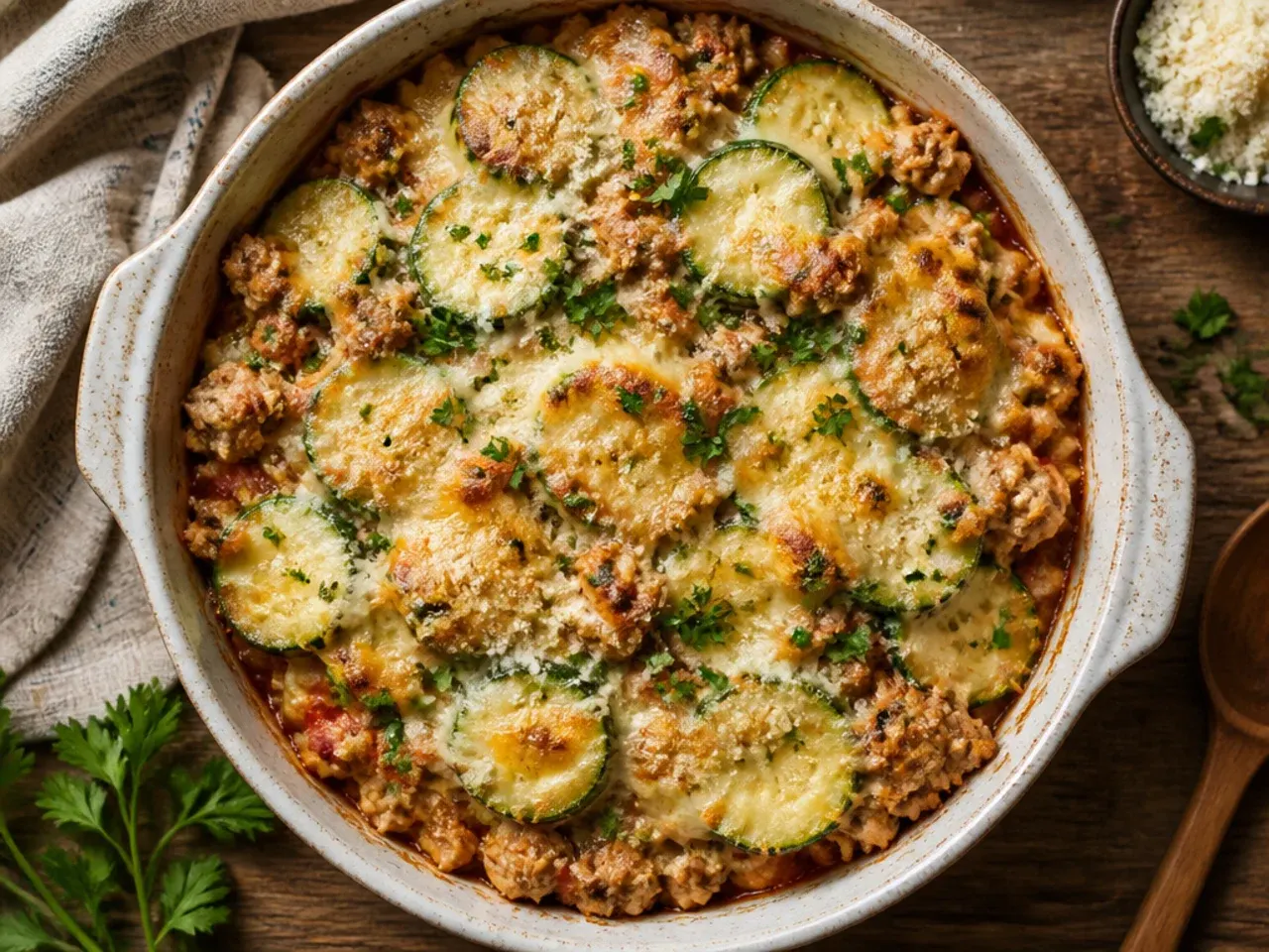 Weeknight zucchini and ground turkey casserole plated with a side salad