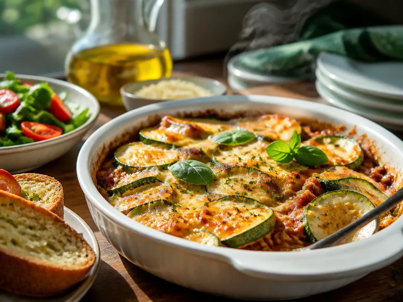 Zucchini casserole served on a dinner plate alongside roast chicken and salad