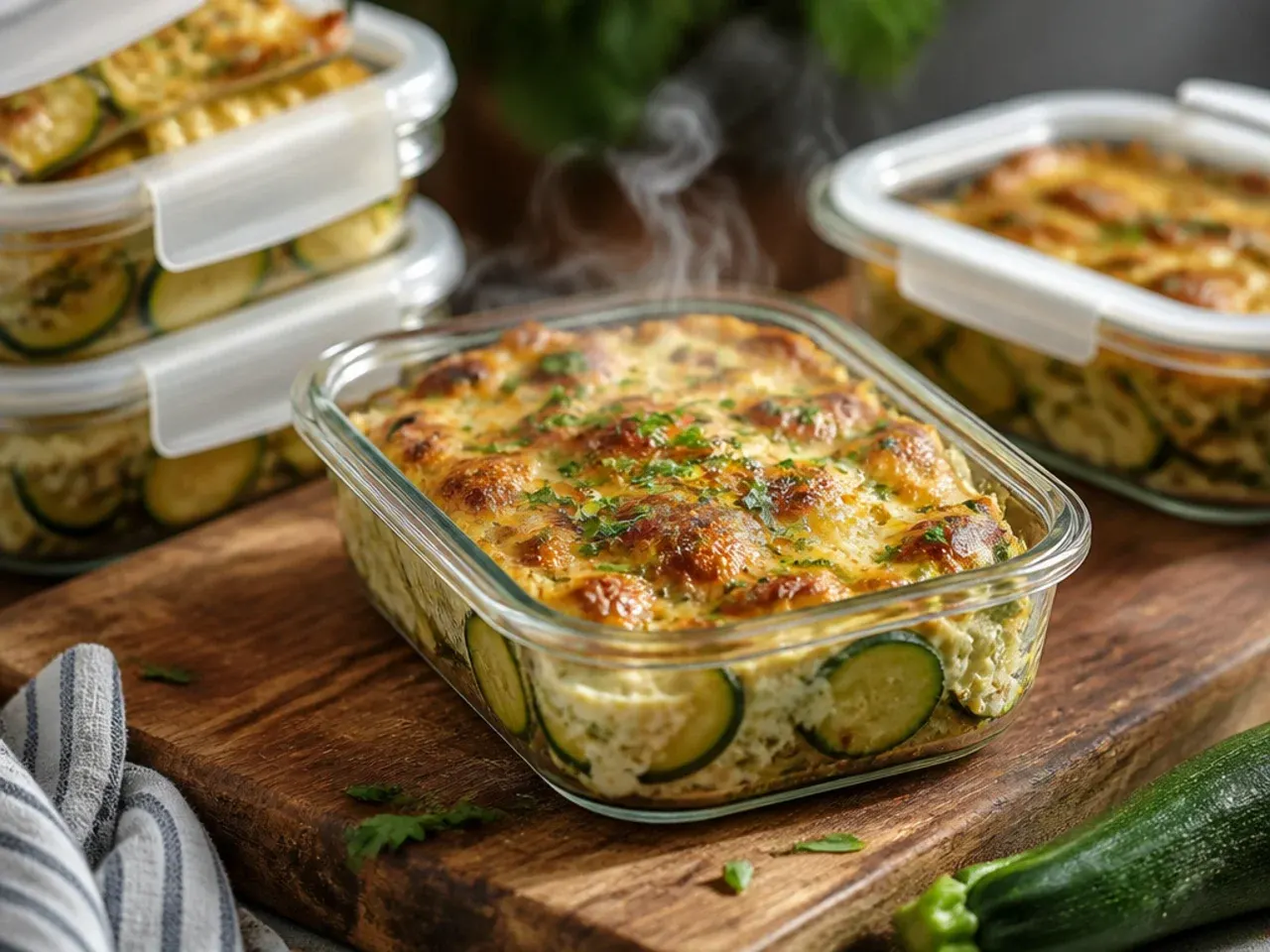 Leftover zucchini casserole portioned into airtight containers for the fridge