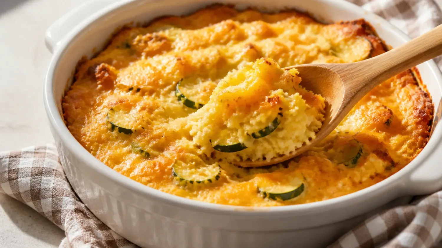 Golden baked zucchini cornbread casserole in a white dish, sliced to show a moist, cheesy crumb studded with grated courgette