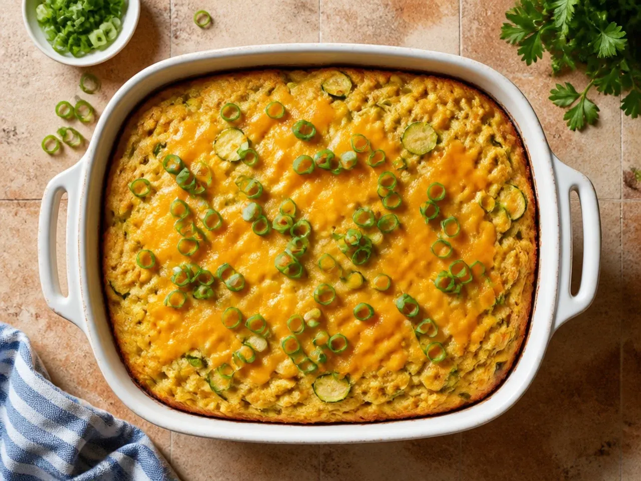 Classic zucchini cornbread casserole in a baking dish fresh from the oven