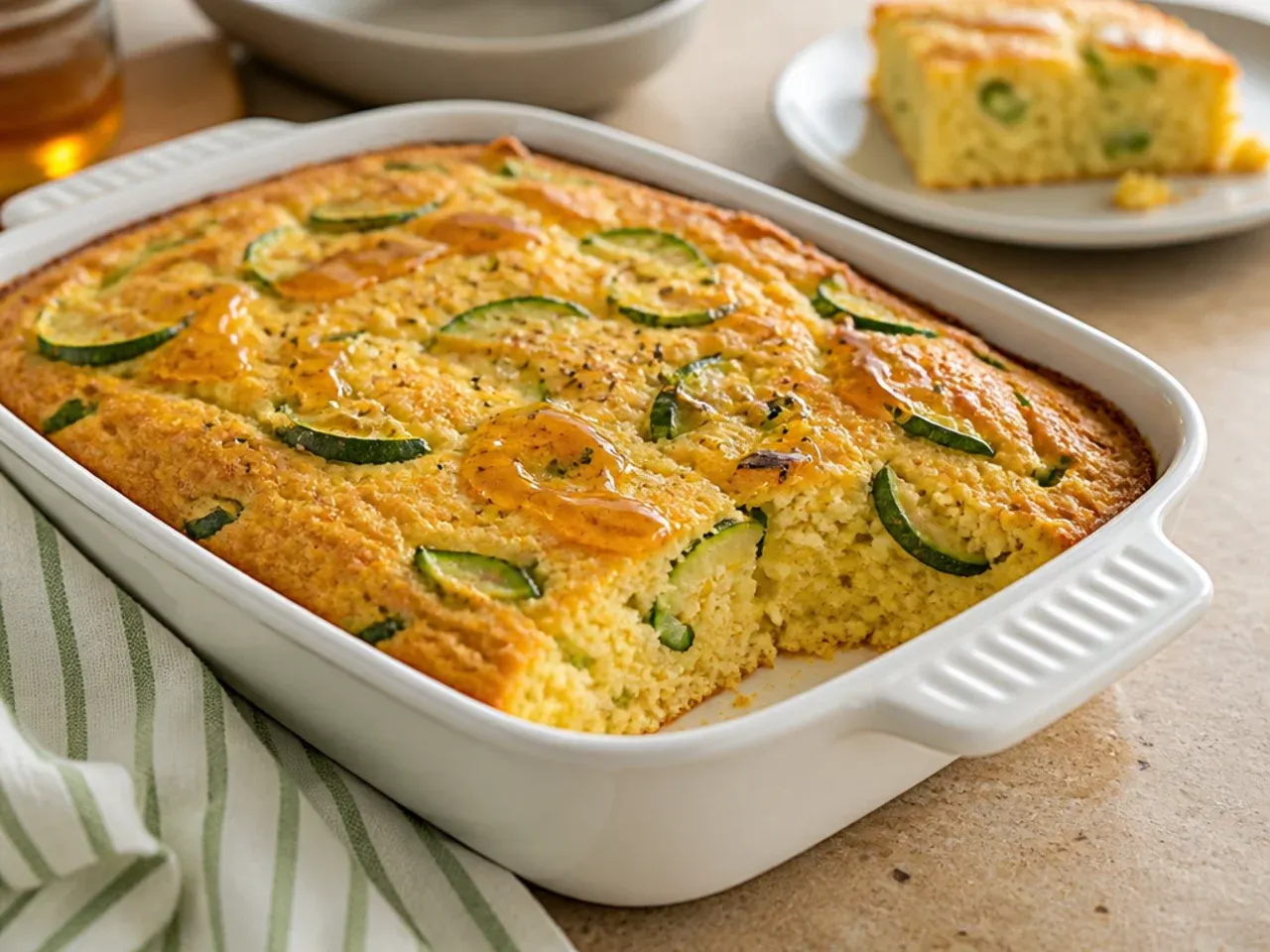 Quick one-bowl zucchini cornbread casserole batter being poured into a baking tin