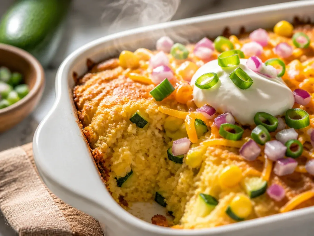 Slice of cozy zucchini cornbread casserole with a soft, moist centre