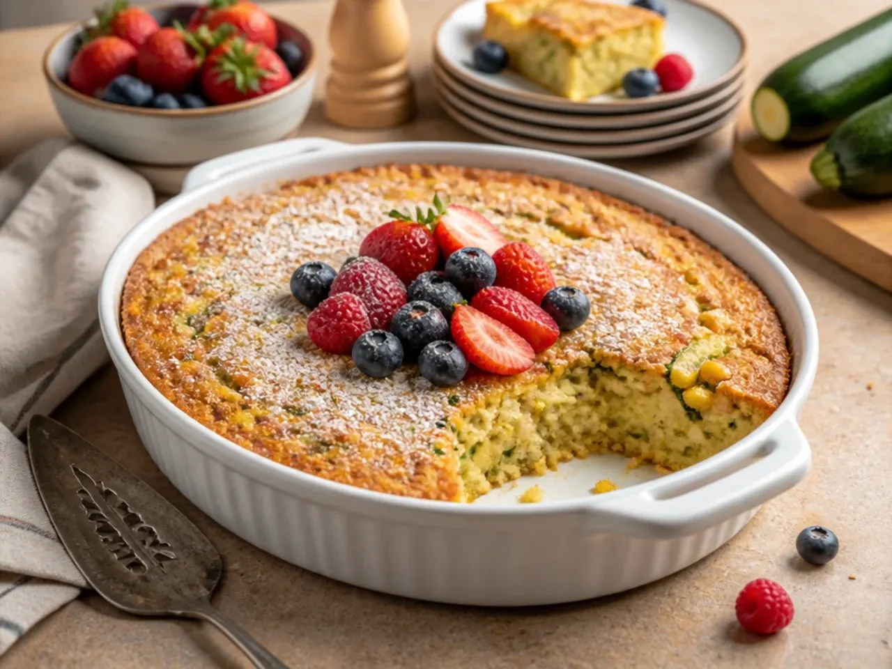 Simple five-ingredient zucchini cornbread casserole cooling on a wire rack