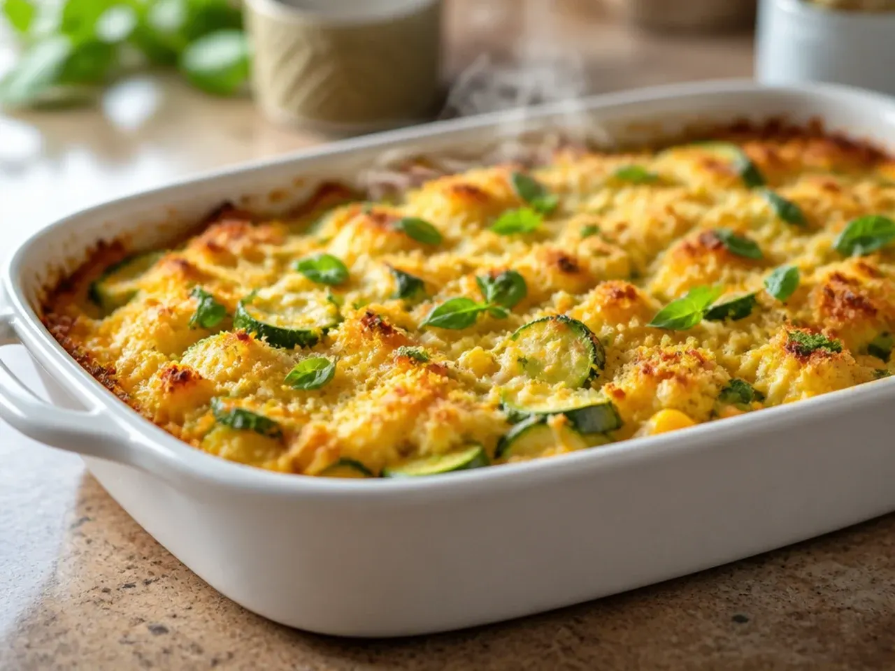Creamy zucchini cornbread casserole with a soft custardy interior on a serving spoon