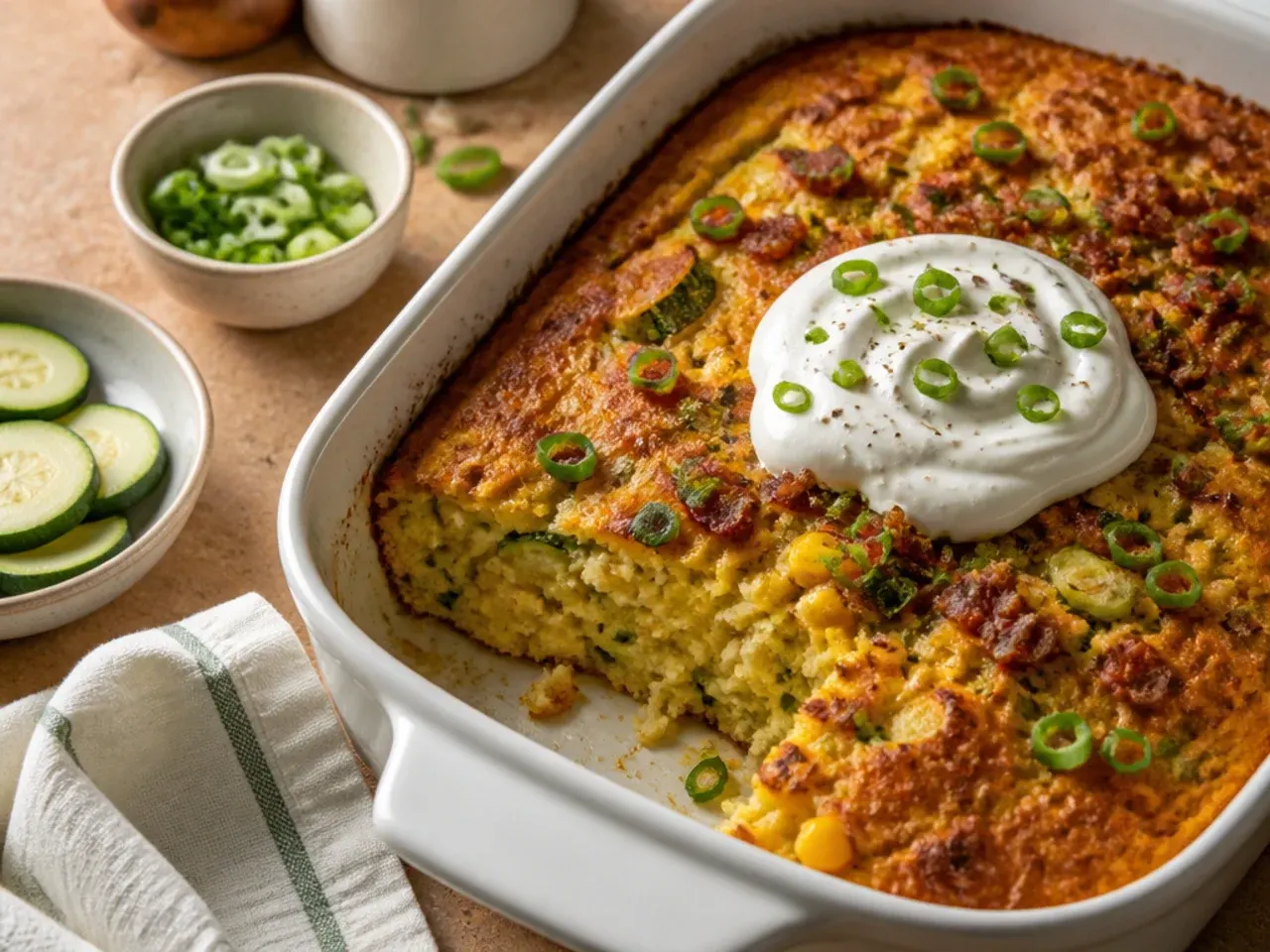 Loaded zucchini cornbread casserole topped with melted cheese, bacon and jalapeño slices