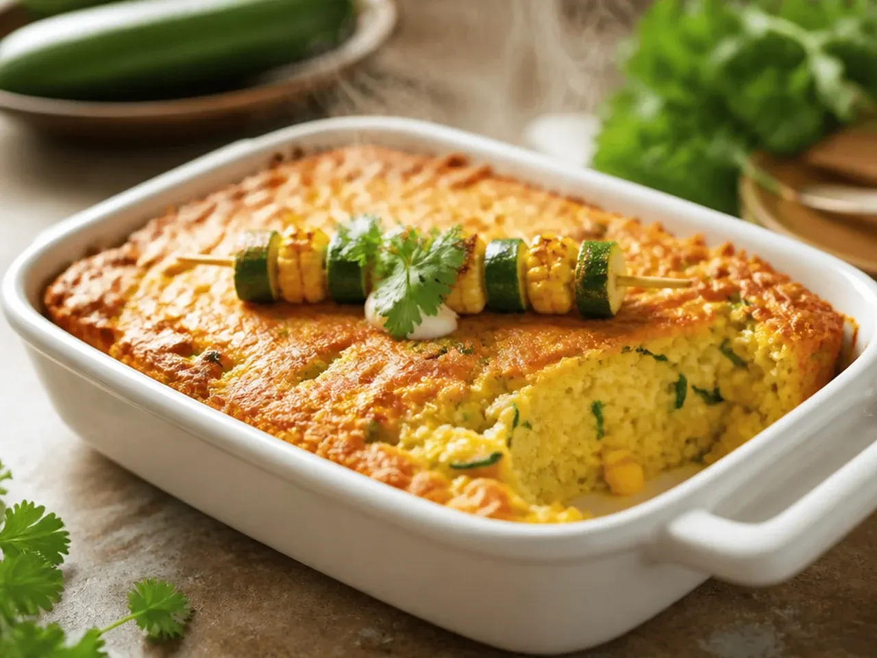 Best-ever zucchini cornbread casserole with a deep golden crust, sliced into neat squares