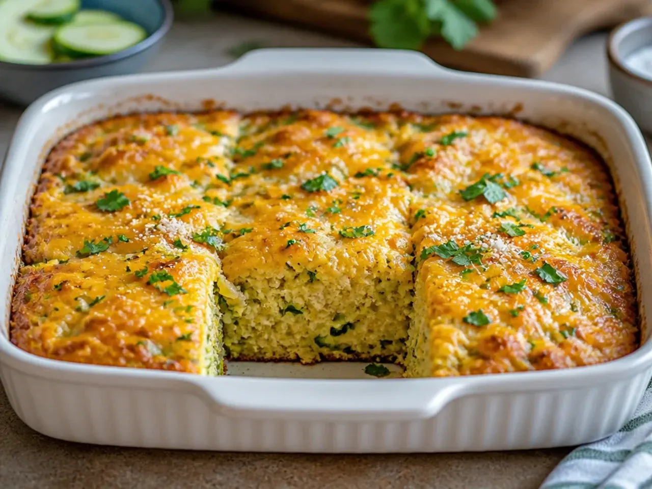 Cheesy zucchini cornbread casserole with a bubbling, golden-brown cheese topping