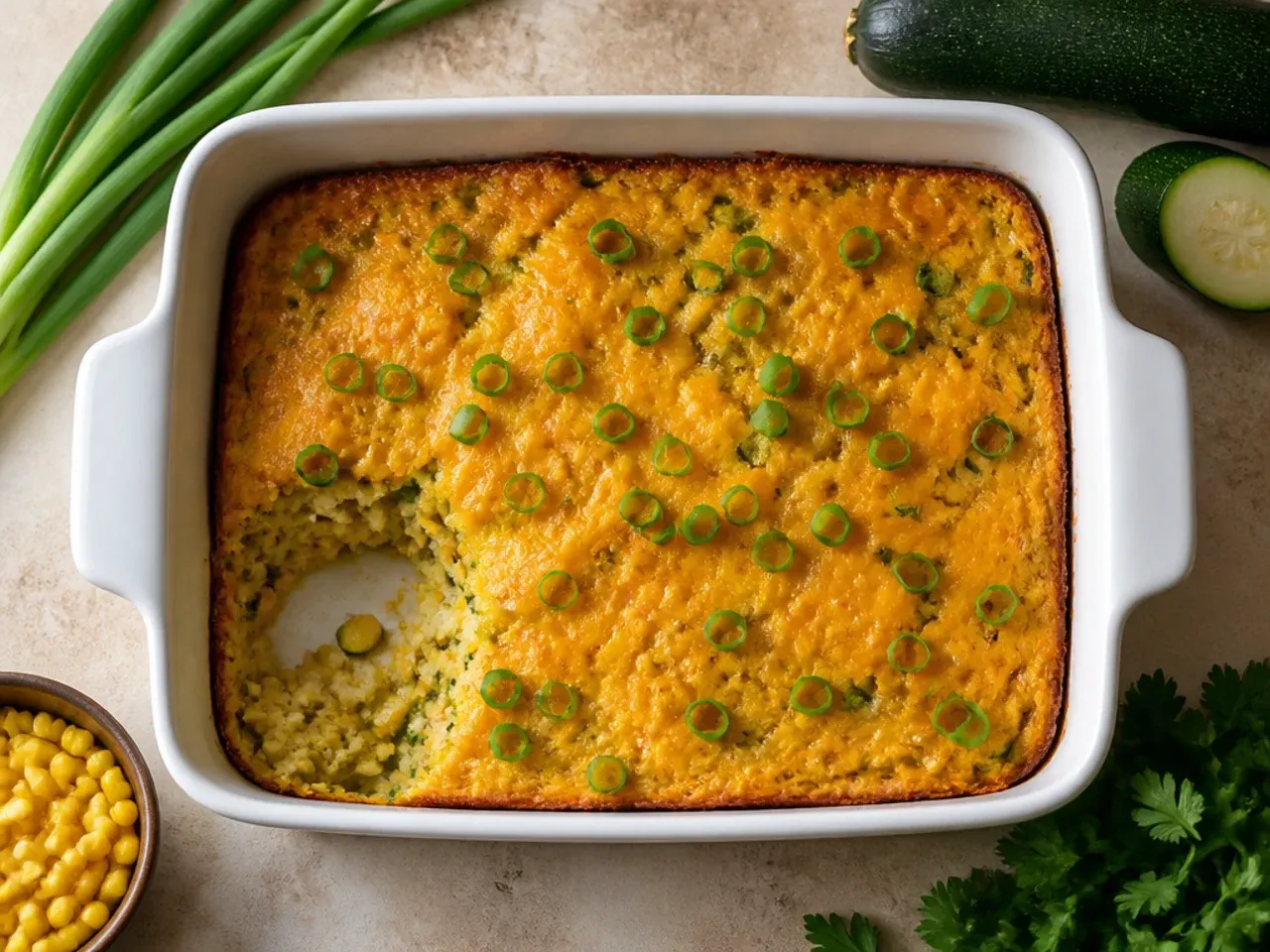 Budget-friendly zucchini cornbread casserole made with pantry staples in a simple dish