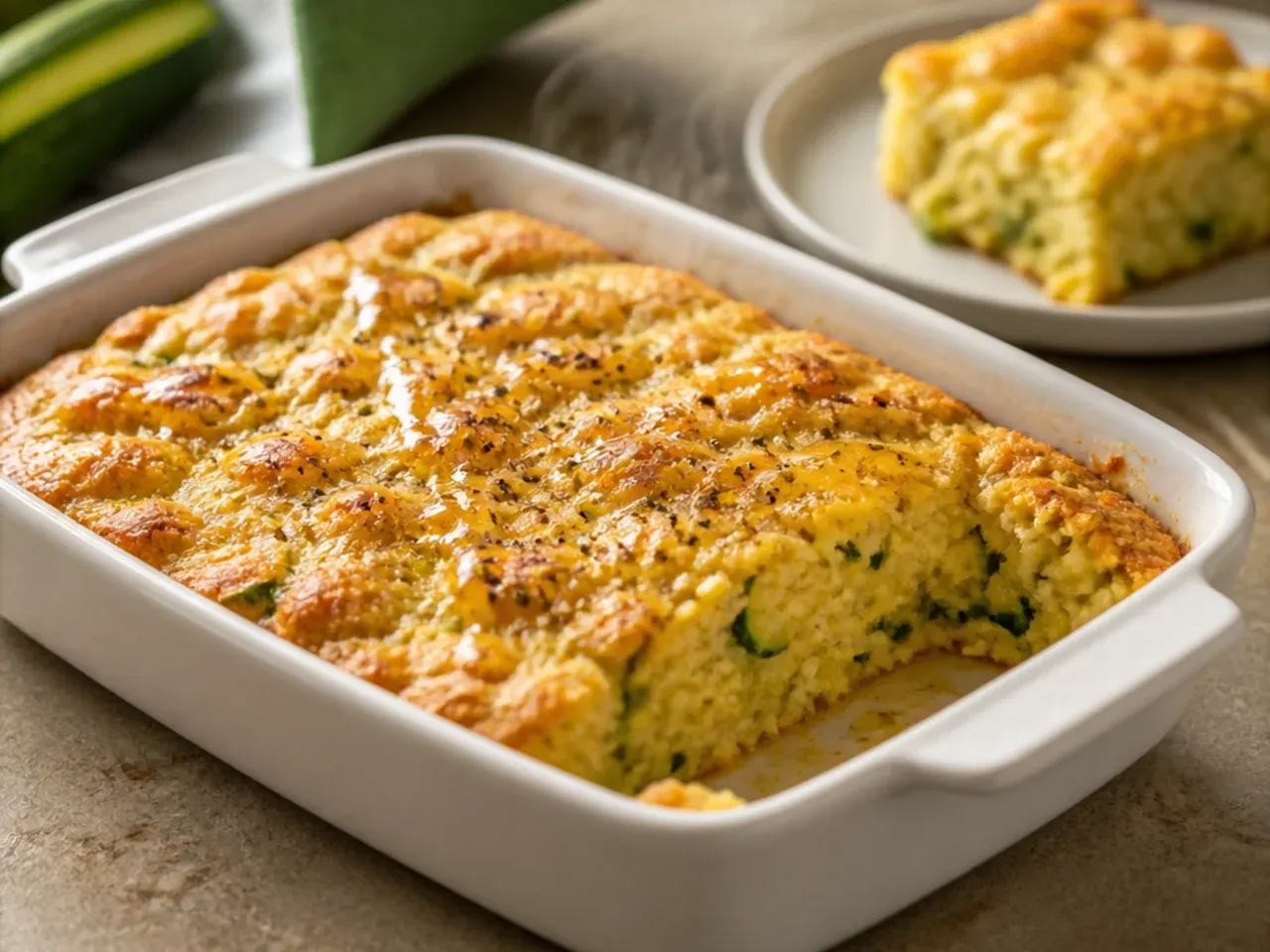 Large tray of crowd-pleasing zucchini cornbread casserole cut into squares for serving