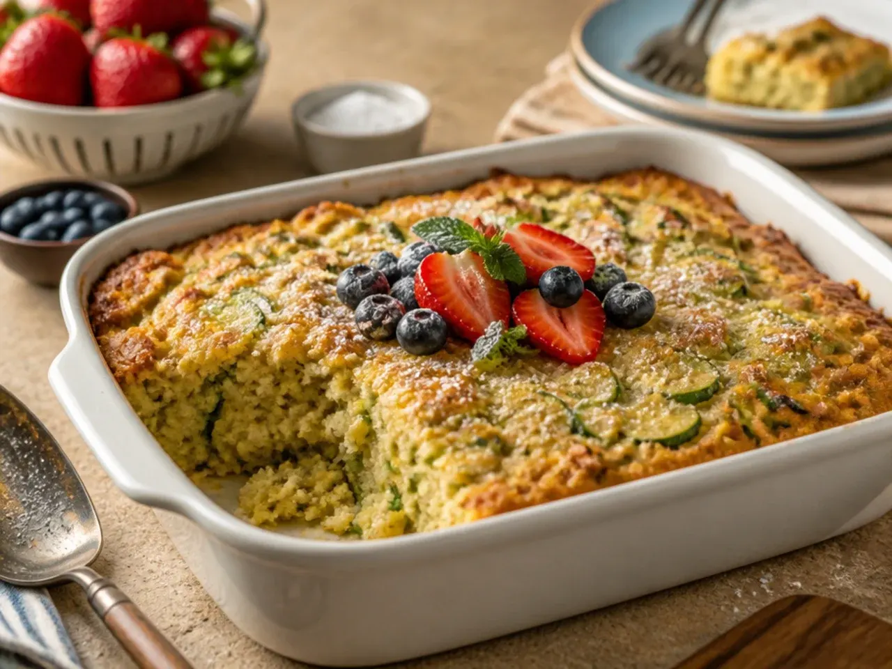 Family-friendly zucchini cornbread casserole cut into child-sized portions