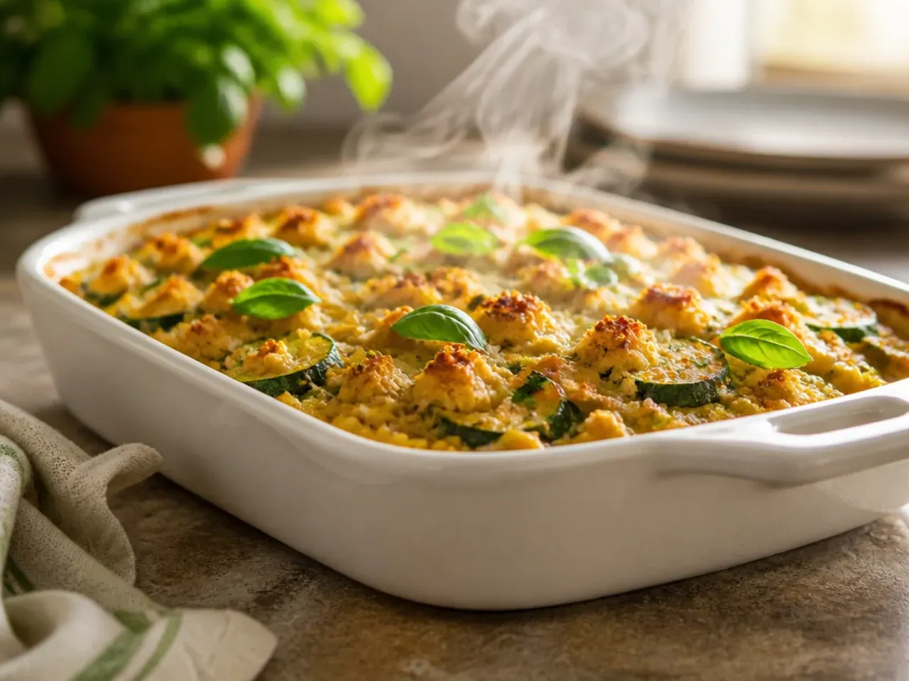 Festive zucchini cornbread casserole with cranberries and herbs baked in a cast-iron skillet