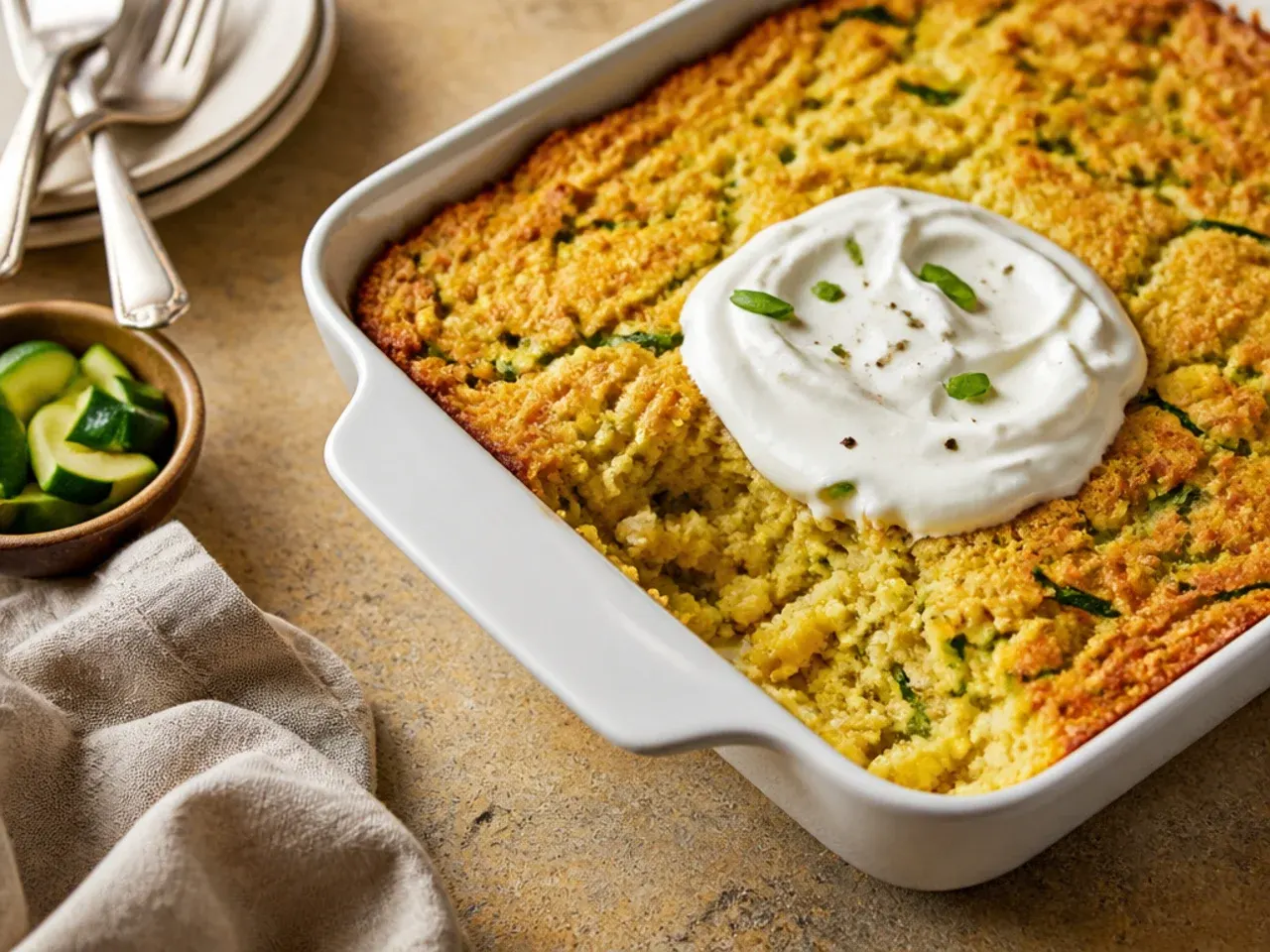 Individual ramekins of quick zucchini cornbread casserole fresh from the oven