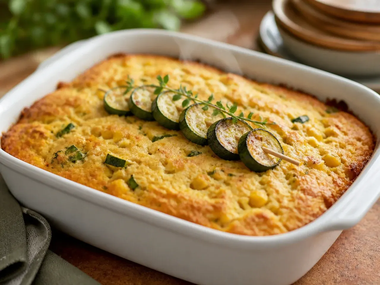 From-scratch homemade zucchini cornbread casserole with a coarse, golden crumb