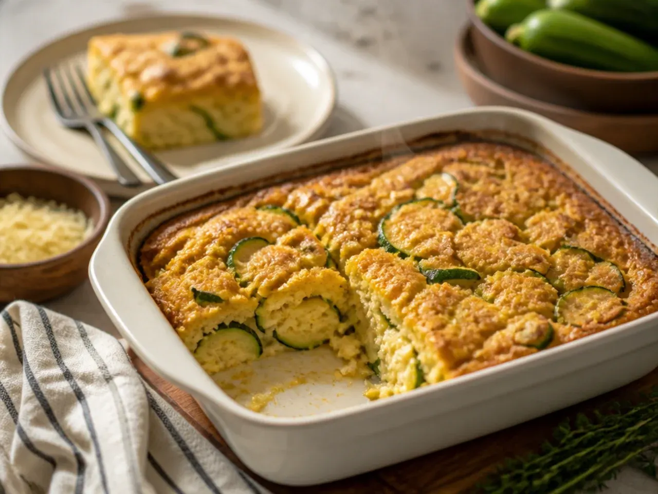 Zucchini cornbread casserole plated with pulled pork and a side salad