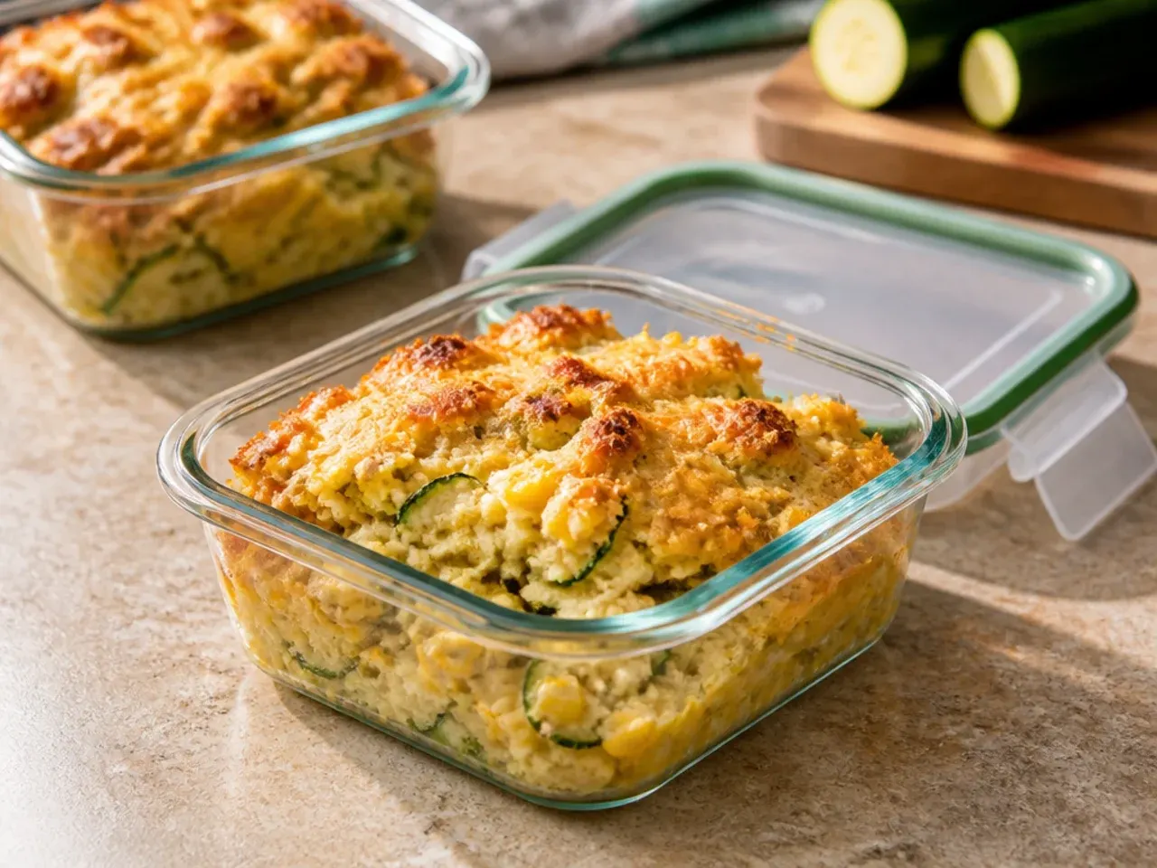Leftover zucchini cornbread casserole squares stored in an airtight container