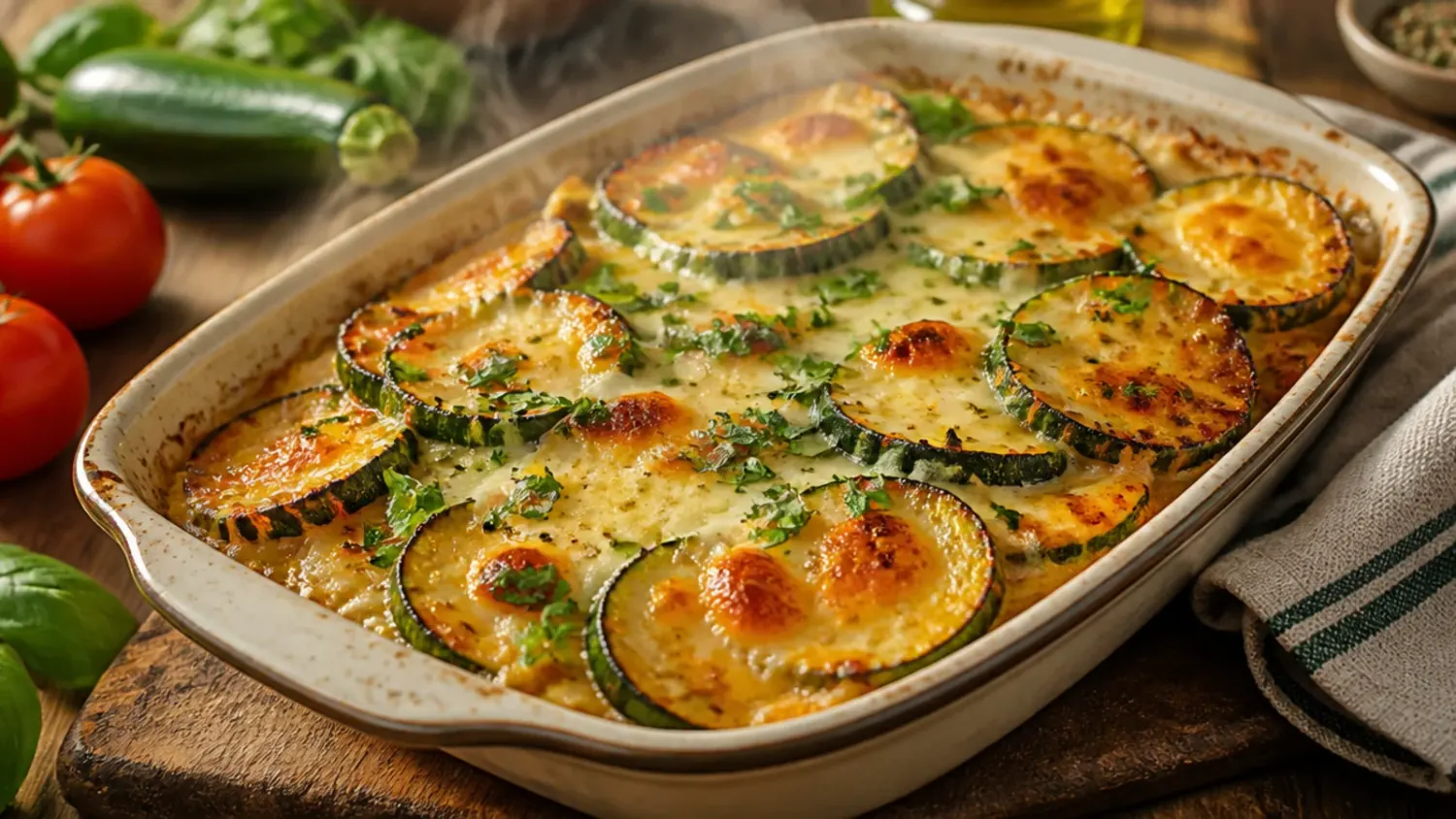 A bubbling cheesy ground beef and zucchini skillet bake fresh from the oven, golden panko topping and melted mozzarella pulling into strings