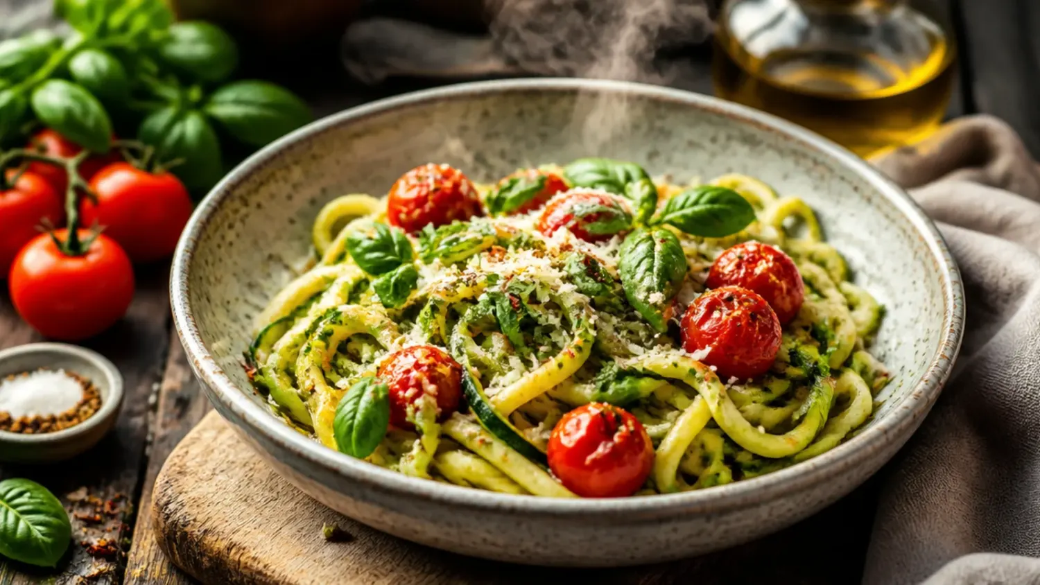 A skillet of spiralized zucchini noodles tossed with blistered cherry tomatoes, garlic, torn basil and grated parmesan, twirled onto a white plate.
