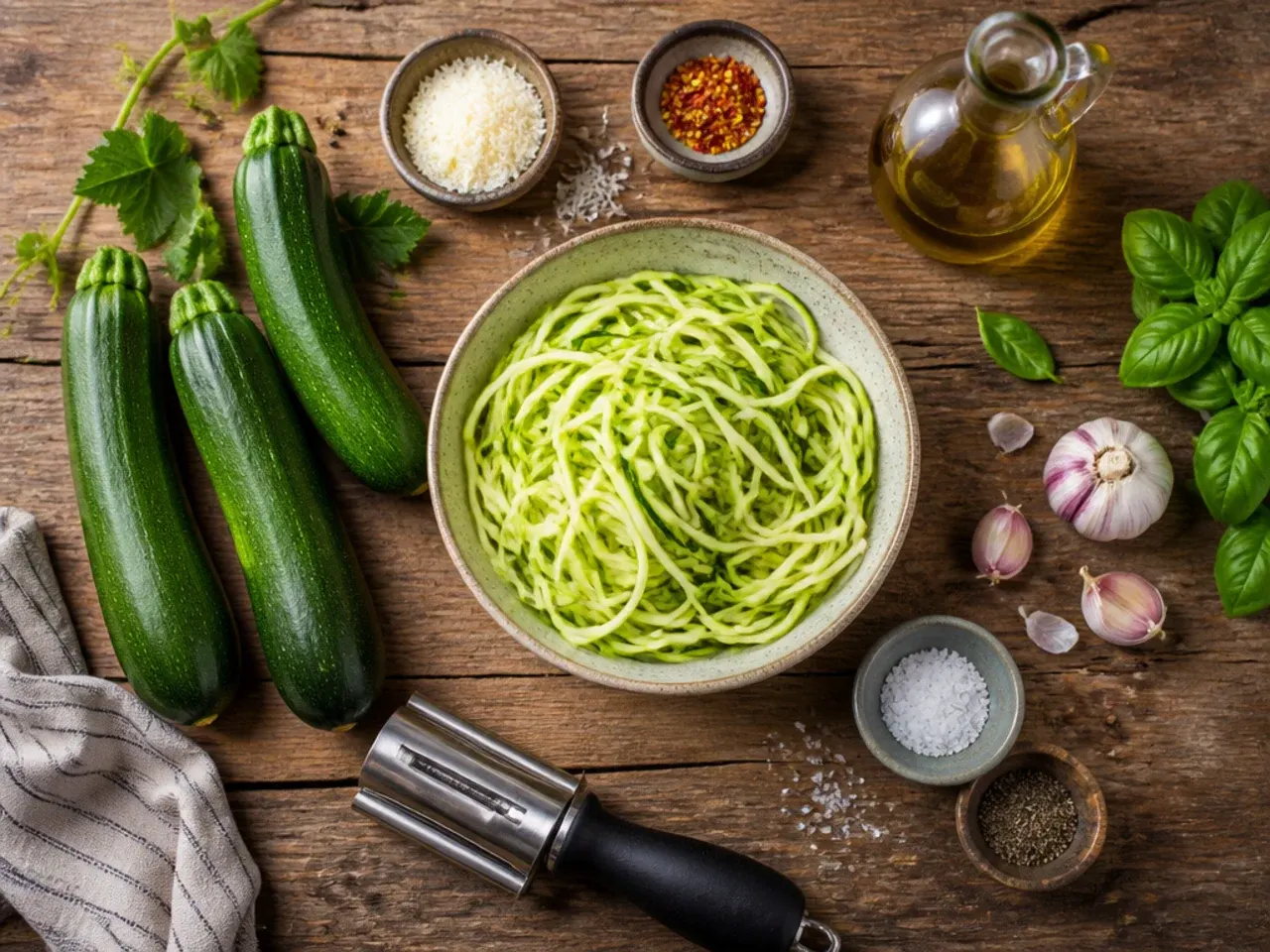 Close-up of a hand pressing salted zucchini noodles in a colander to remove excess water.