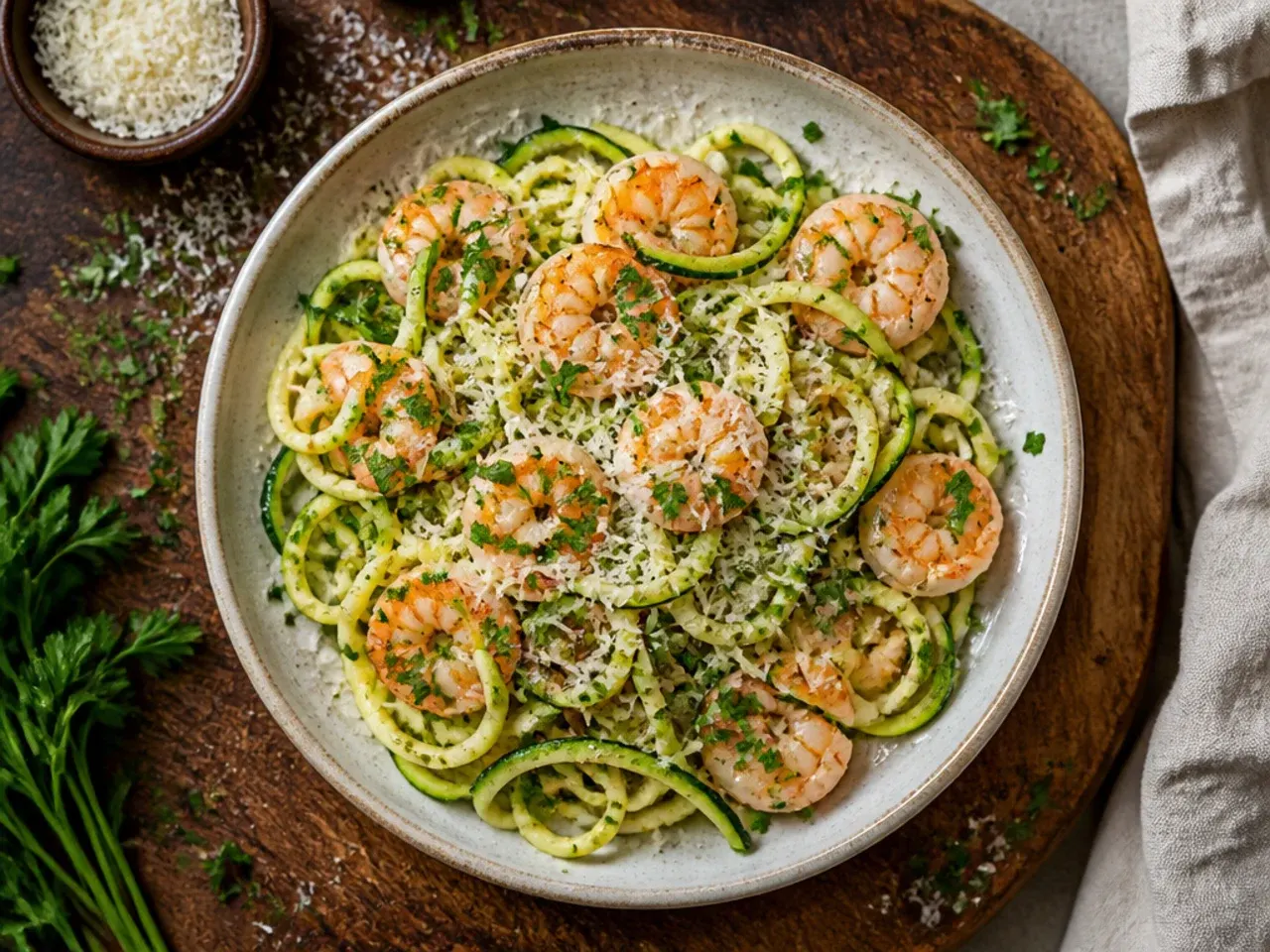 Spiralized zucchini noodles stored in a glass airtight container lined with paper towel in the fridge.