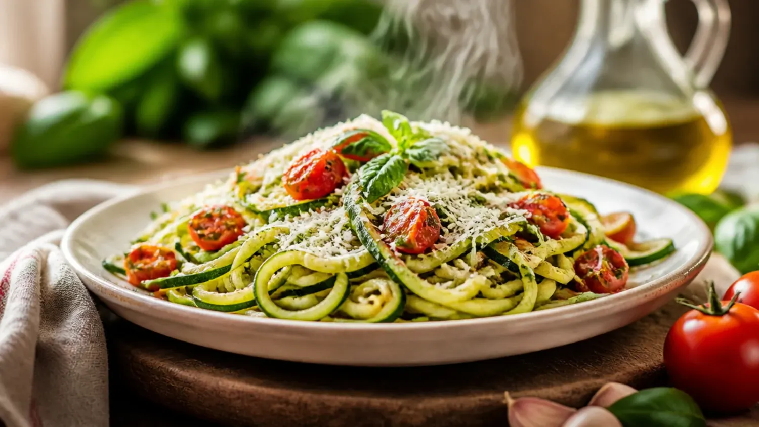 A bowl of glossy zucchini pasta with garlic, Parmesan and torn basil, twirled onto a fork
