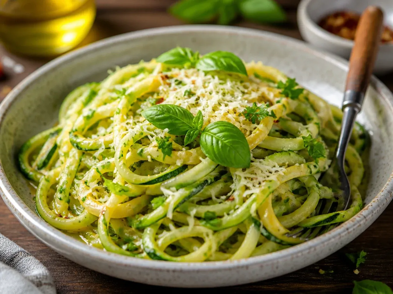 Overhead shot of ingredients for zucchini pasta recipes laid out on a wooden board