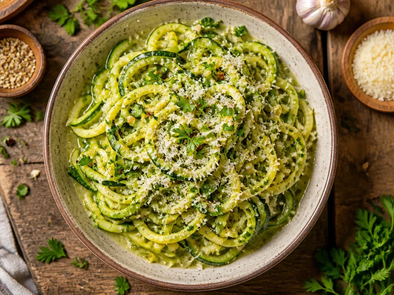 Classic garlic Parmesan zucchini pasta in a skillet with sliced garlic visible