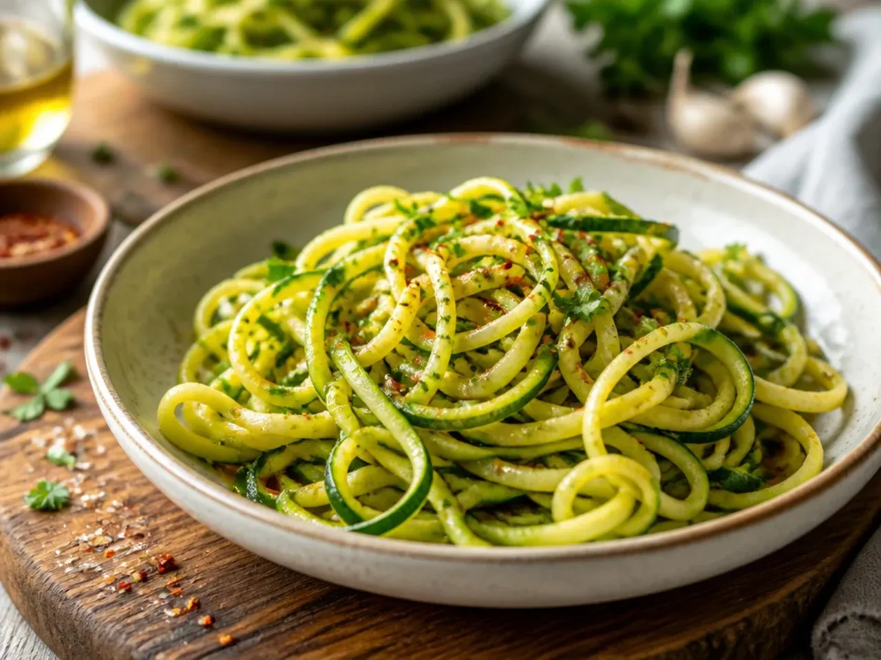 Spiralized zucchini noodles tossed in garlic butter in a nonstick pan