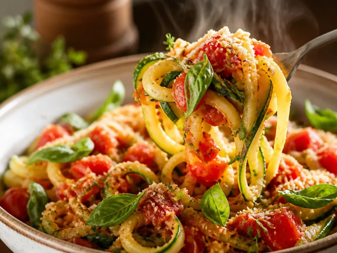Zucchini pasta with burst cherry tomatoes and fresh basil leaves